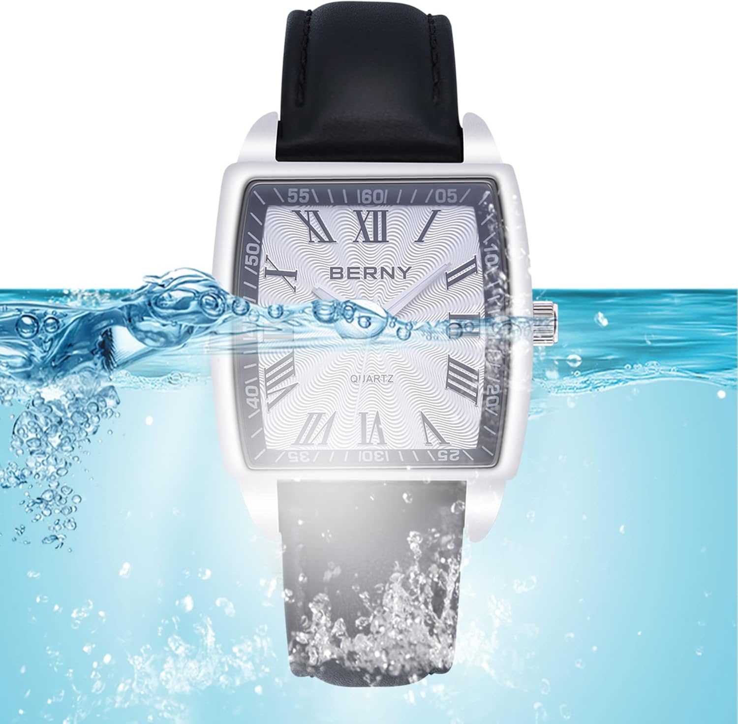 BERNY Classic Men's Watches Rectangular Stainless Steel Watch Genuine Leather Strap Watch Roman Numeral Luxury Wristwatch Analog Display Japanese Quartz Tank Watch Grey