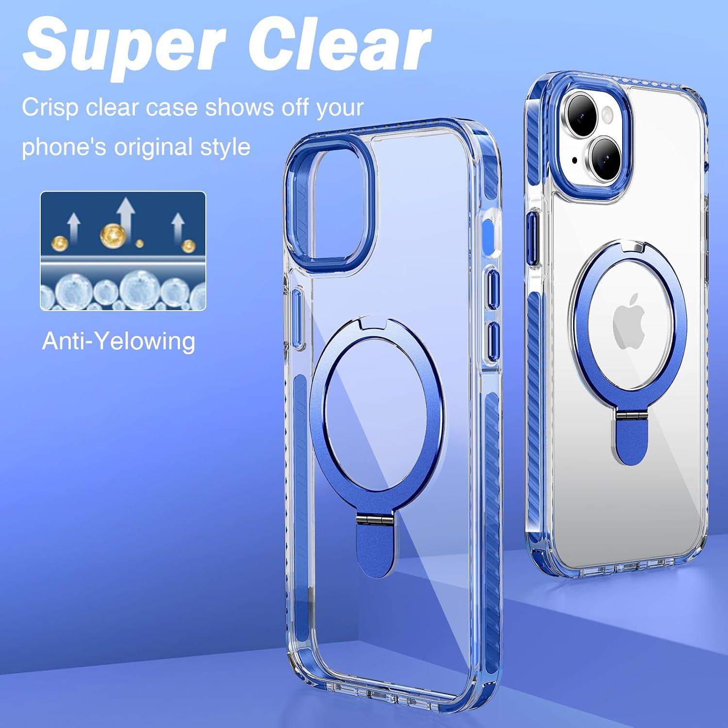 UMIONE for iPhone 12 Magnetic case with Stand and Finger Ring, Compatible with magsafe, Shockproof Transparent Hard Plate, Full Body case, Universal for Boys and Girls 6.1 - Blue