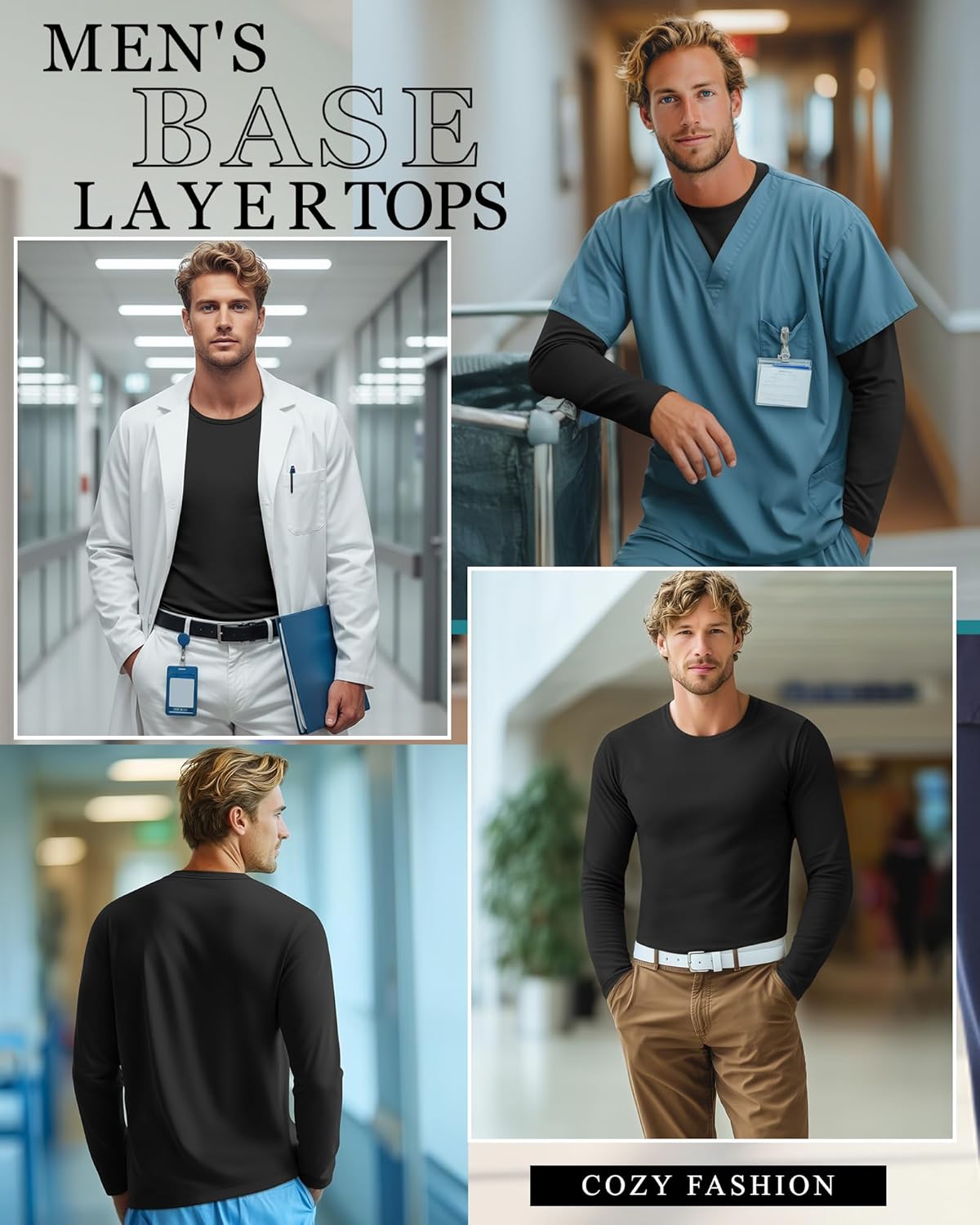 4 Pack Men's Big and Tall Underscrub Shirts Long Sleeve Crew Neck Scrub Undershirts Medical Basic Tops Layering Tee - Image 3