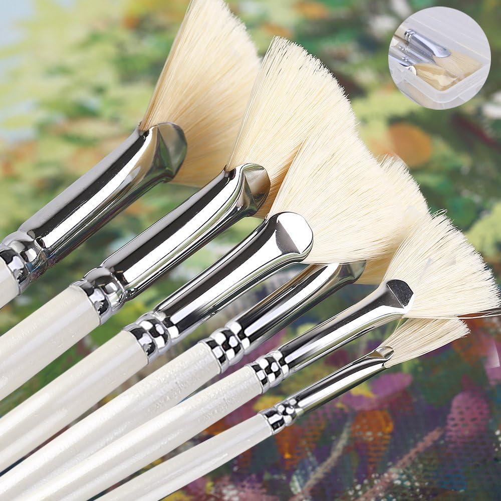 Amagic Fan Brush Set - Hog Bristle Natural Hair - Artist Soft Anti-Shedding Paint Brushes for Acrylic Watercolor Oil Painting, Long Wood Handle with Case, Set of 6