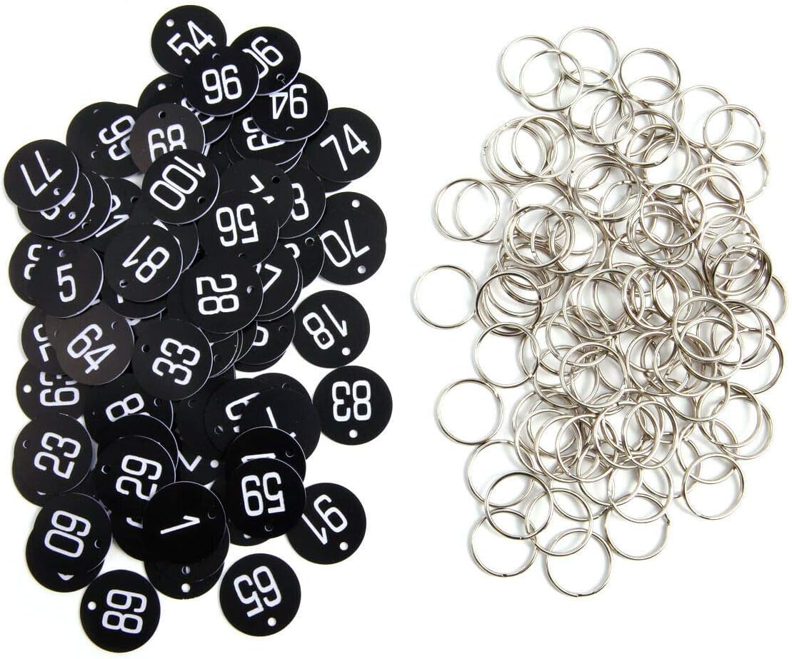 Plastic ID Number Tags Key Tags with Key Rings (1-100, Black)