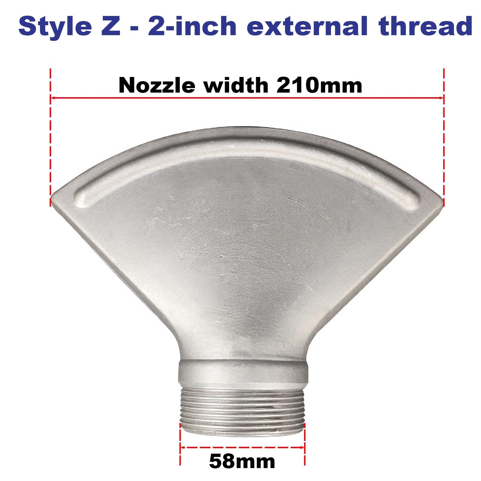 Boquilla de pico pato Cabezal pulverización abanico plano Patrón amplio Resistente a altas temperaturas Metal plateado Se adapta accesorios estándar En aluminum alloy Style Z - 2-inch external thread