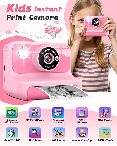 Miniatura 2 de Cámara de impresión instantánea para niños, cámaras de video digital 1080P, regalos de cumpleaños de Navidad, juguetes para niños de 3 a 12 años,