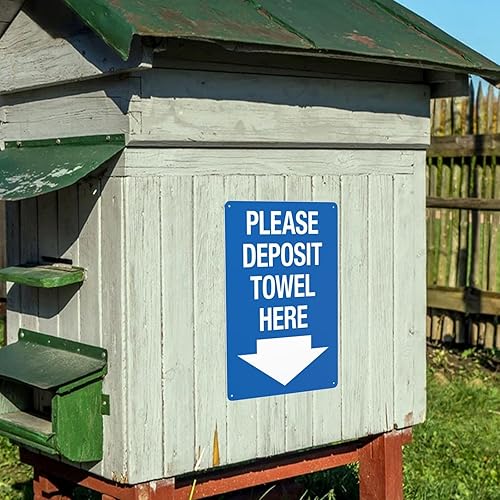 Miniatura 8 de Letrero de advertencia con texto en inglés "Please Deposit Towel Here with Downward Arrow Rules", letrero de advertencia retro de aluminio, letrero