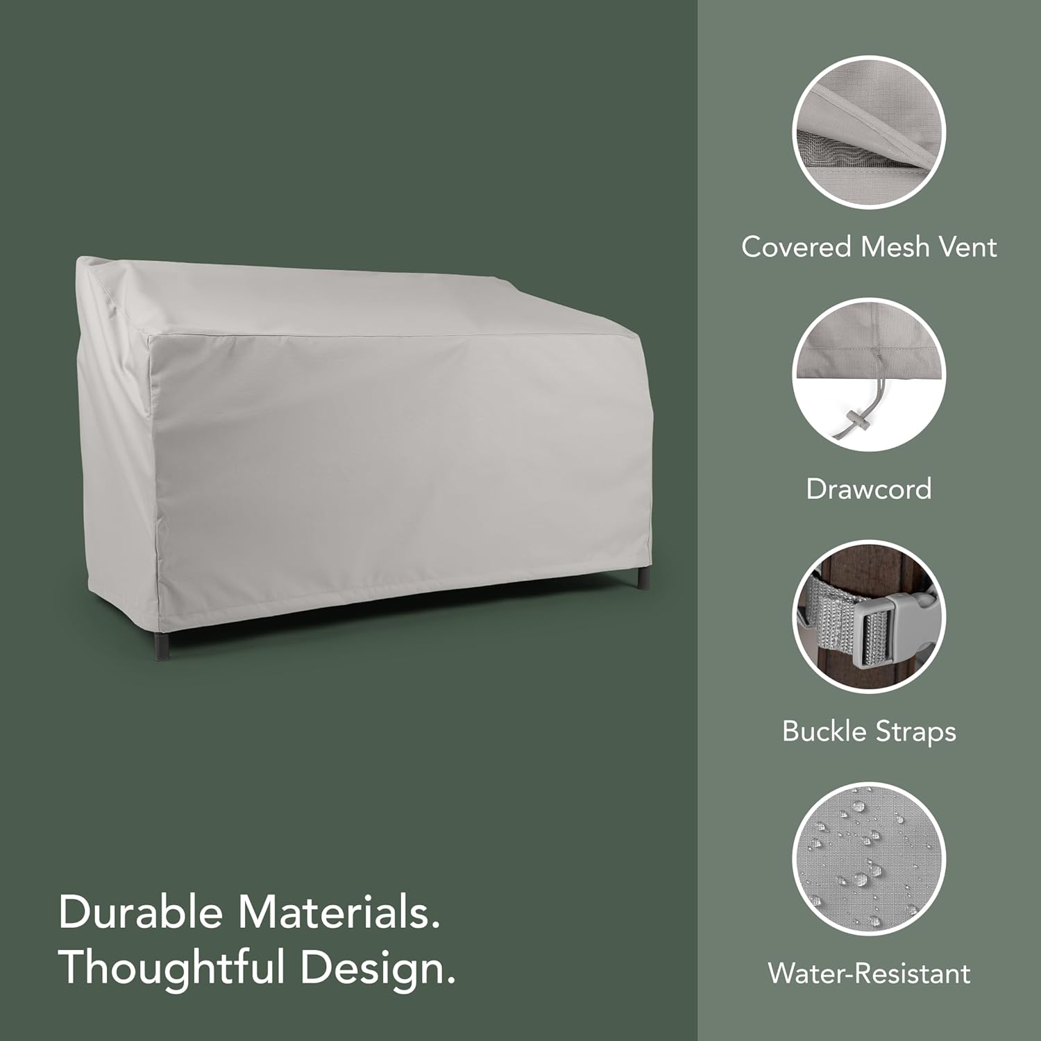Covermates Ultima Outdoor Patio Bench Cover, Heavy-Duty 600D Polyester, Extreme Weather Protection, Double-Stitched Seams, Mesh Vent, Buckle Straps & Drawcord, 58W x 40D x 40H, Ripstop Grey