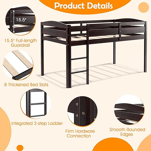 Miniatura 5 de KOTEK Cama alta tamaño individual, cama baja de madera maciza para niños con escalera y rieles de protección, no necesita somier, marco de cama loft