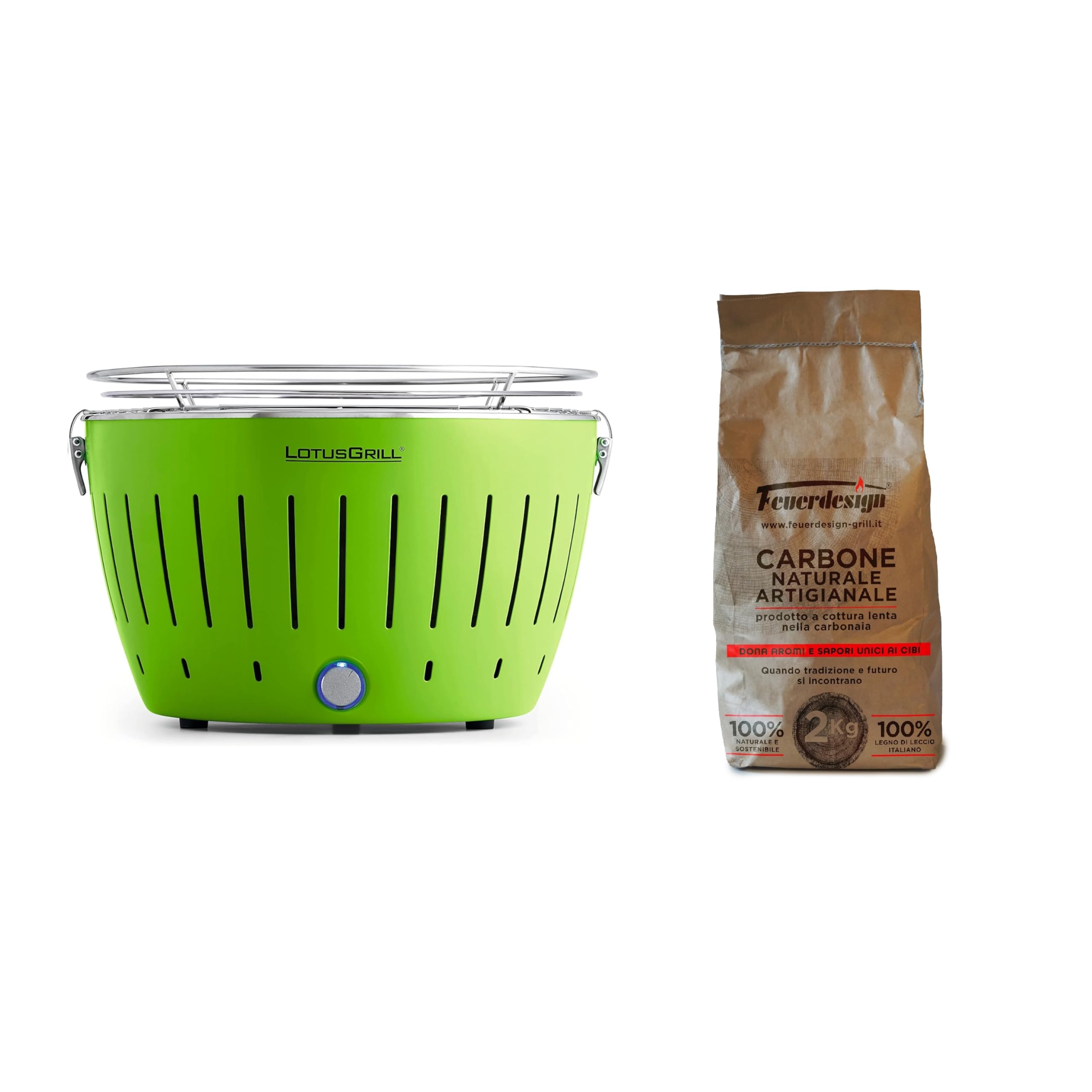LotusGrill - Barbecue Portatile a Carbone - Standard LG G34 - con cavo di alimentazione USB, 35 x 23,4 cm, Verde + 2 Kg Carbone naturale Antiche Carbonaie, 100% legno di leccio italiano artigianale