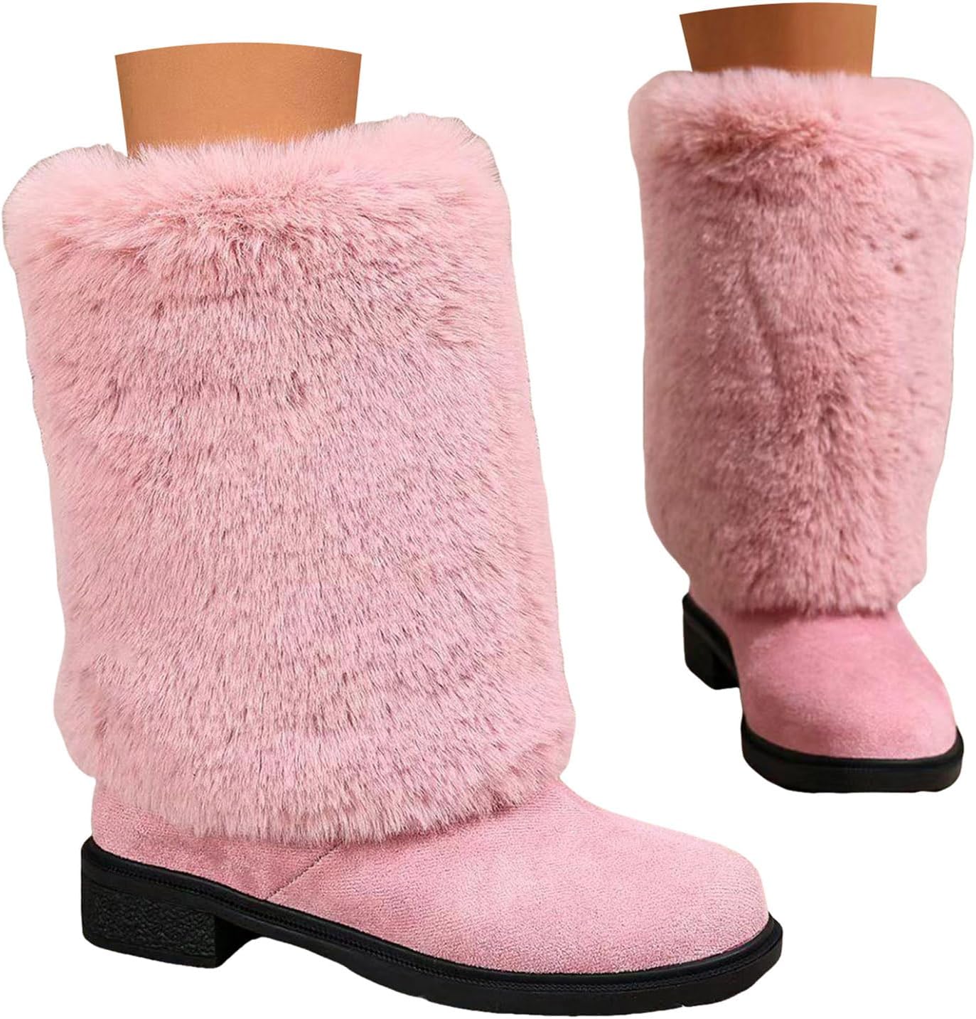 Winter Snow Boots for Women Warm Plush Fur Lined Fold Over Suede Round Toe Wedge Chunky High Heels Ankle Booties Pull On Thermal Fleece Lining Knee High Boots Cold Weather Dress Tall Boots for Lady