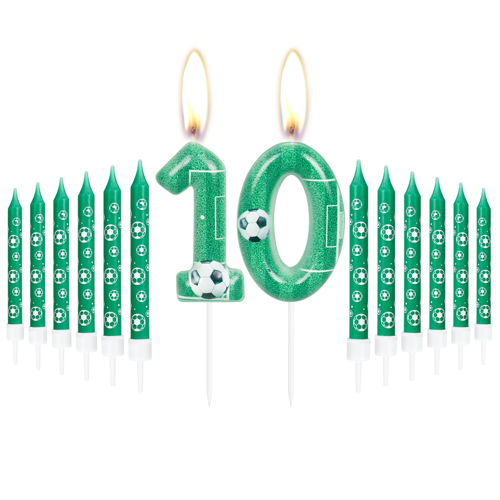 Velas de cumpleaños número 10, velas de números de cumpleaños de fútbol, velas de pastel de números verdes con 12 varillas de extensión, decoraciones de fiesta para celebraciones inolvidables