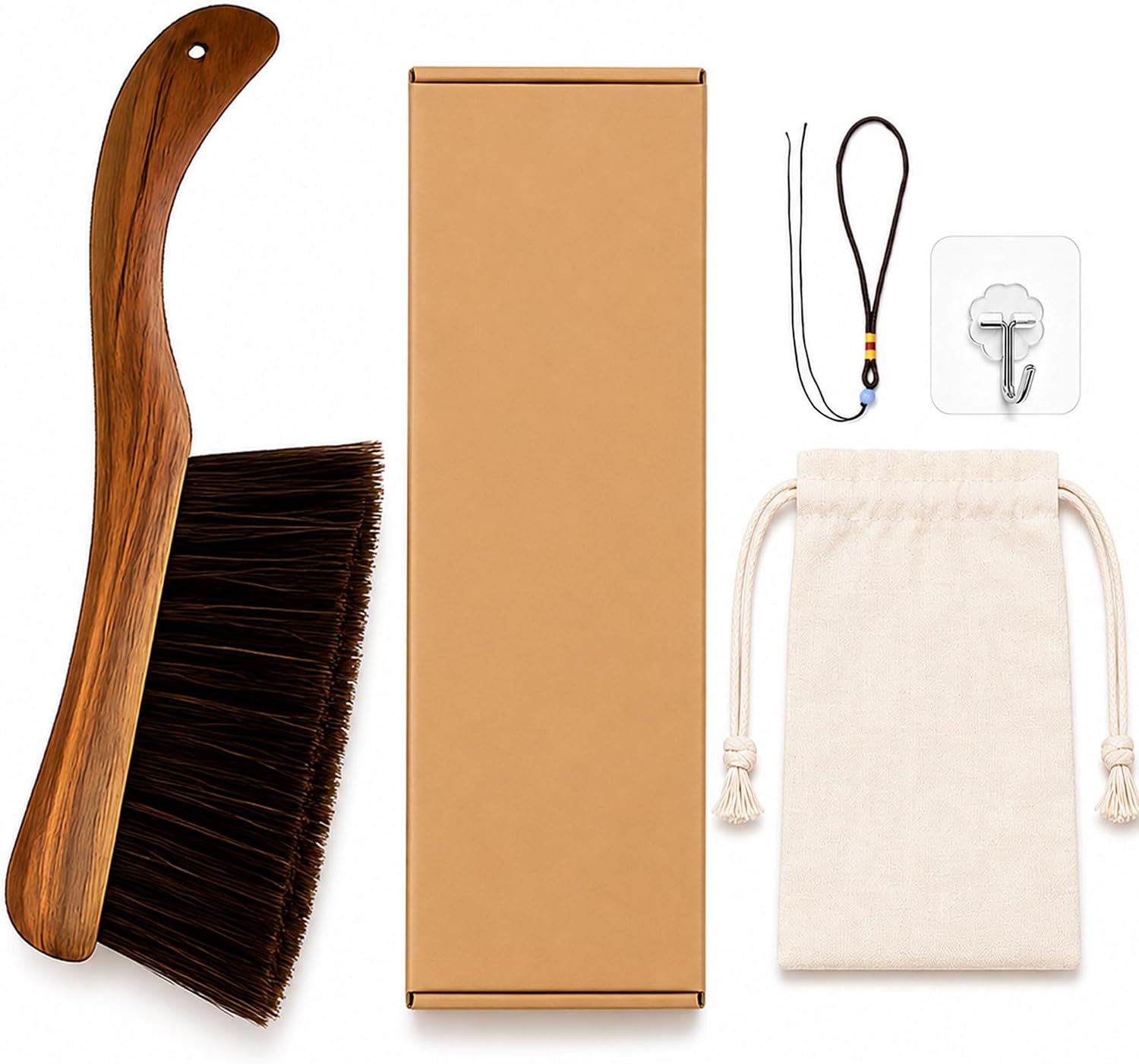 Hand Broom Set, Wooden Dusting Brush with Dense 4-Row Bristles | Curved Wood Handle, Storage Pouch, Wall Hook & Gift Box, Soft Bristles for Furniture, Pet Hair & Crumb Cleanup