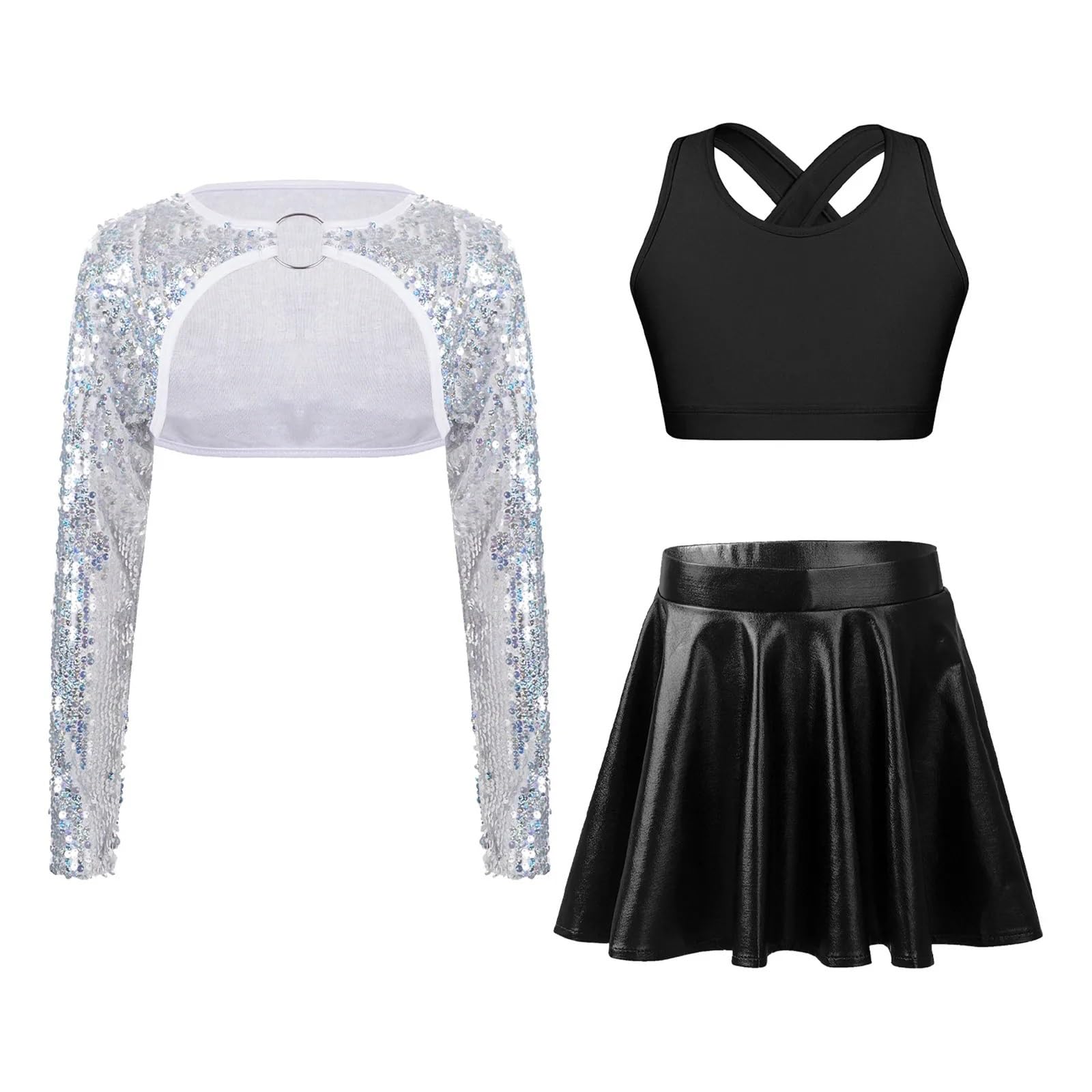 Conjuntos de Ropa de Ballet con Lentejuelas for niñas, Top Corto, Falda metálica for Danza Jazz, Disfraces de actuación escénica(Light Blue,14)