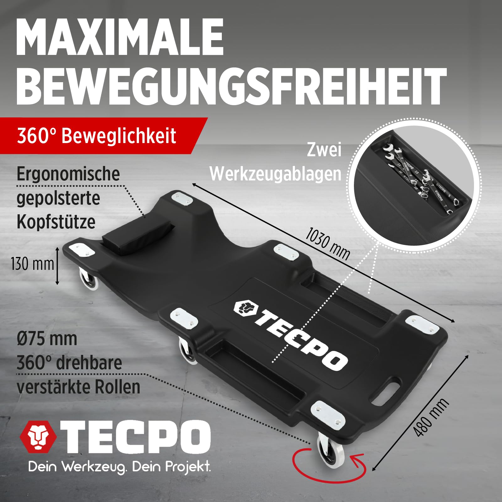 TECPO Werkstattrollbrett 1030 mm lang + Werkstatthocker 120 kg Montageliege Rollsitz 360 Grad drehbar