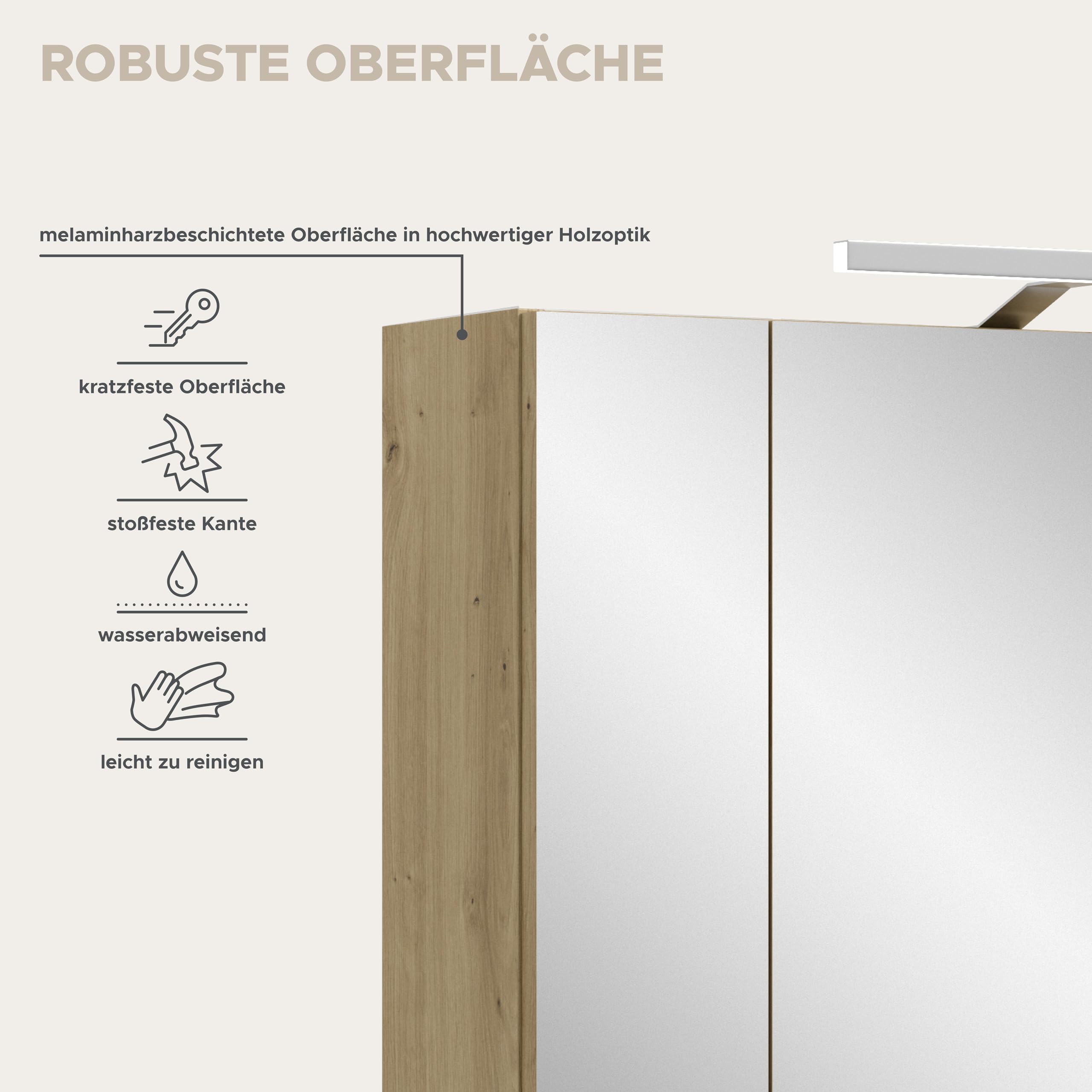 xonox.home – Spiegelschrank Ice 60x70x18 cm inkl. Beleuchtung in Korpus und Front Artisan Oak Nachbildung – Spiegelschrank mit Licht in Holzoptik – markant & edel – Bild 9