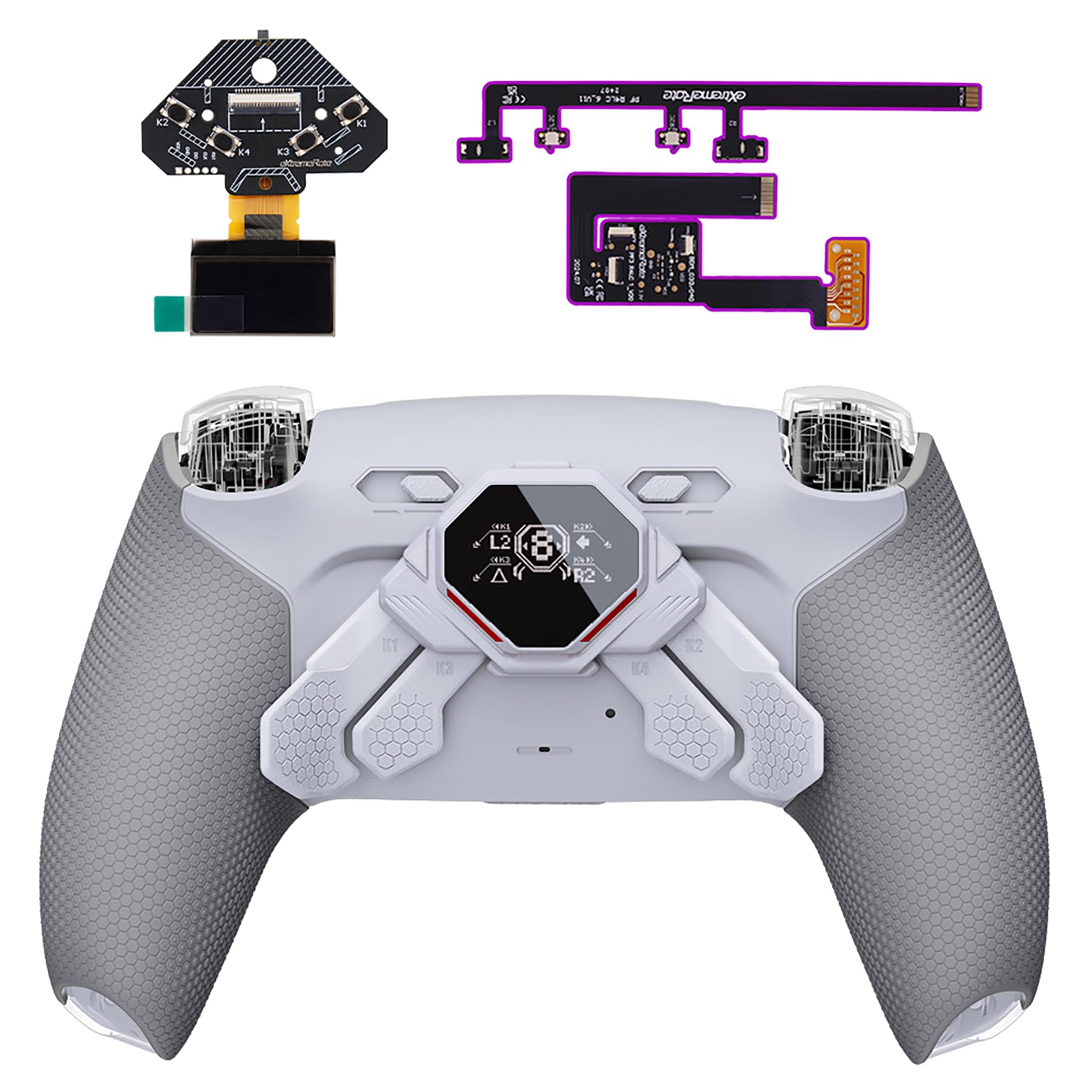 eXtremeRate Spark Tasti Posteriori Kit per ps5 Controller BDM-030 040 050 060, Display OLED +Clicky Trigger Stop +Grip Ergonomici, 4 Palette Rimappabili Accessori per ps5 Joystick, Grigio