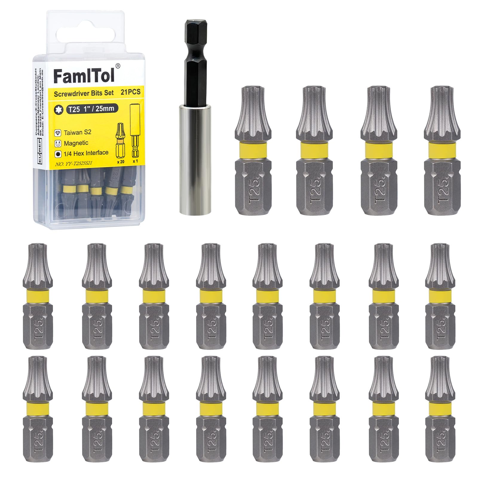 FamlTol 20 PCS T25 Torx Bit Set 25mm with 1 Magnetic Impact Bit Holder