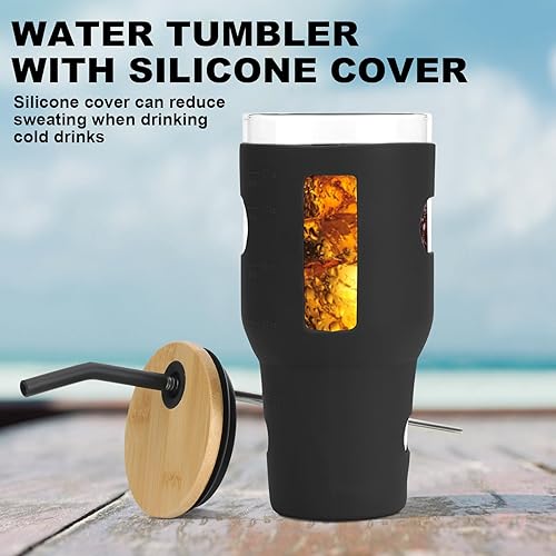 Miniatura 2 de YULEER Vaso de agua de vidrio de 32 onzas con popotes y tapas, paquete de 2 vasos de boca ancha para batidos con funda protectora de silicona sin