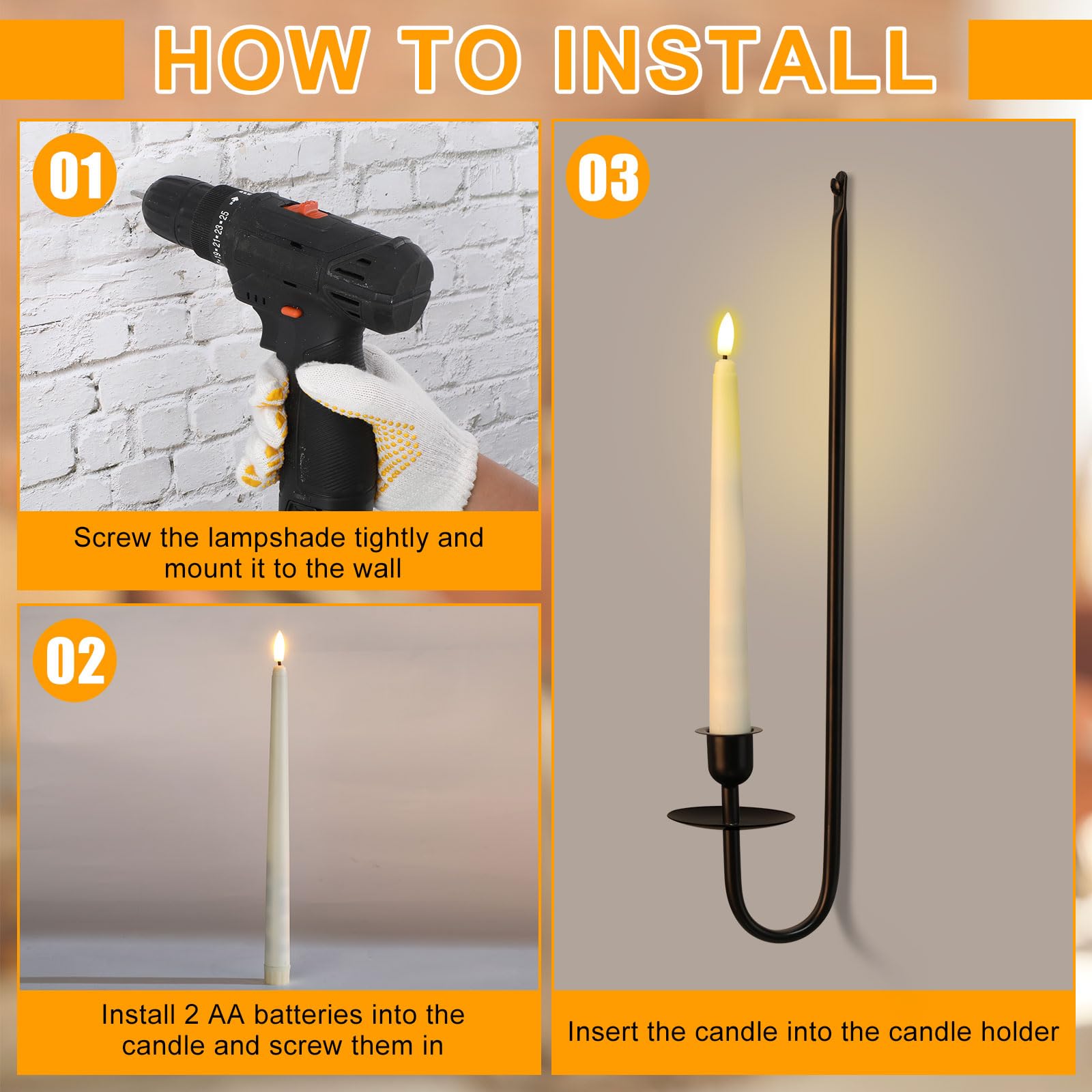 Tessco for you Metalowe kinkiety ścienne z bezpłomieniowymi świecami stożkowymi LED 24,4 cm i zdalnym timerem, 42 cm, zestaw kinkietów ściennych do salonu, kominka, korytarza, schodów, czarne, 4