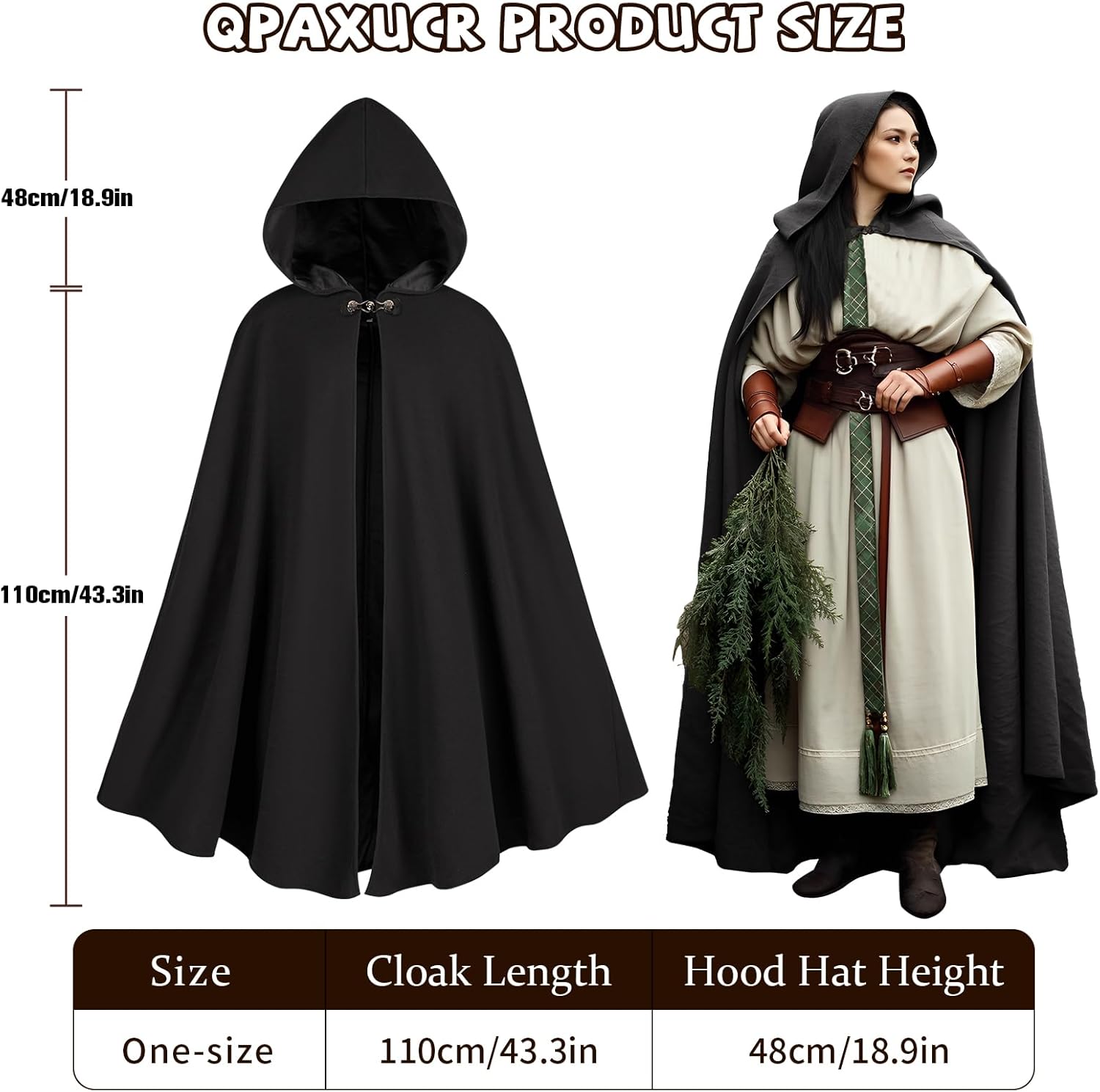 Renaissance Cloak Women, medieval costume Long Cloak with hood and Green Leaf Brooch Necklace for Halloween Party. - Image 3