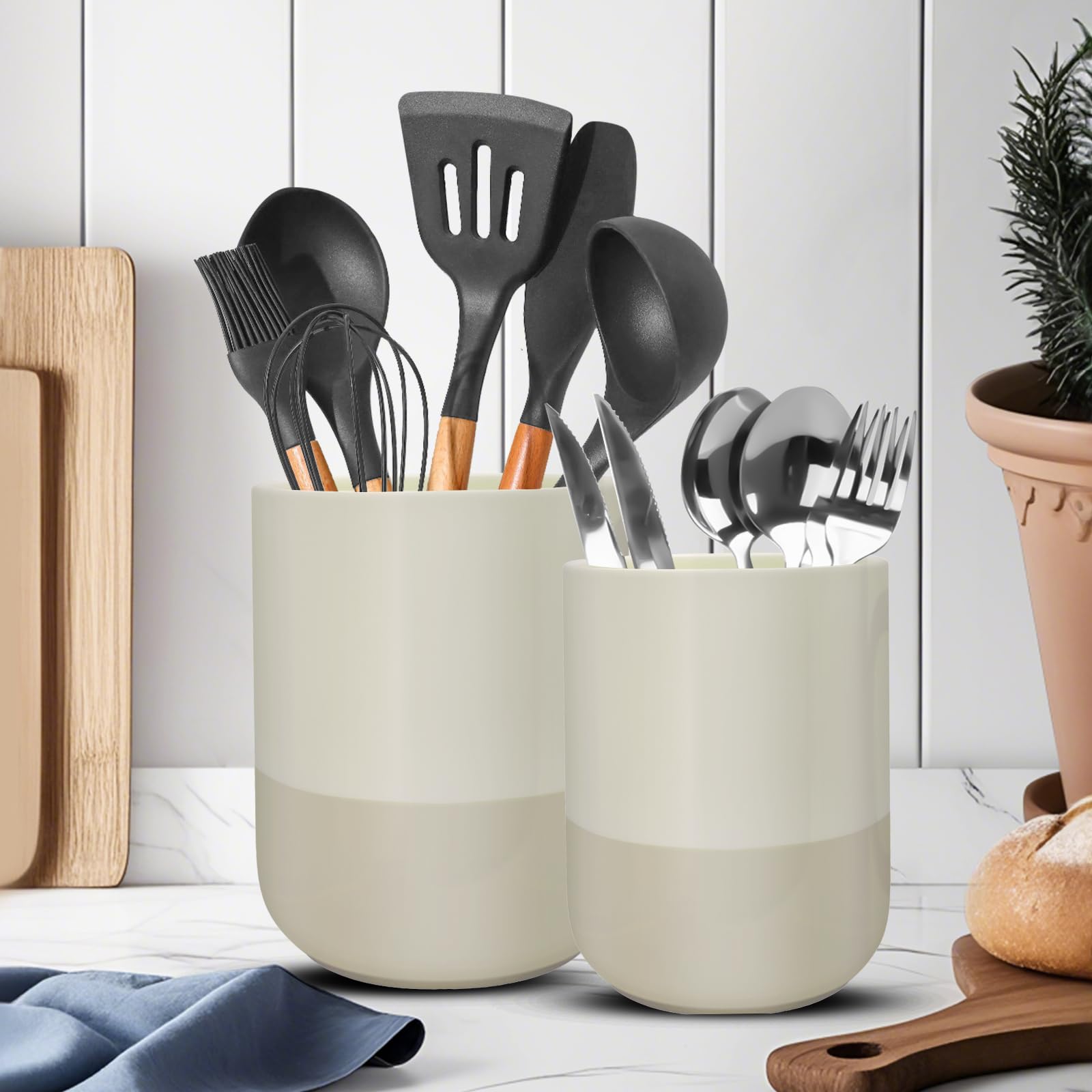 wishfly Küchenutensilienhalter, Utensilienhalter Aus Keramik für Die Küchentheke, Aufbewahrung von Küchenutensilien, 2 Stück Kochutensilien-Töpfe für Spatel, Löffel, Gabeln, Pflanzen(Grau Weiß) Küche, Haushalt & Wohnen