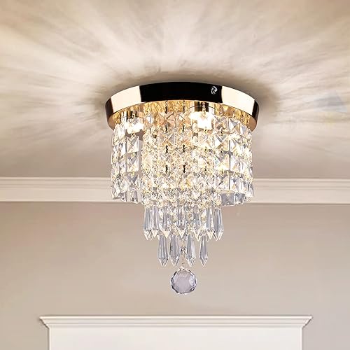 Mini Chandelier Crystal Chandelier Light Fixture LED Crystal Ceiling Lamp Semi Flush Mount Modern Crystal Lighting for Bedrooms Dinning Rooms Hallway W9.8"×H12.4"(Gold, Changeable Light)