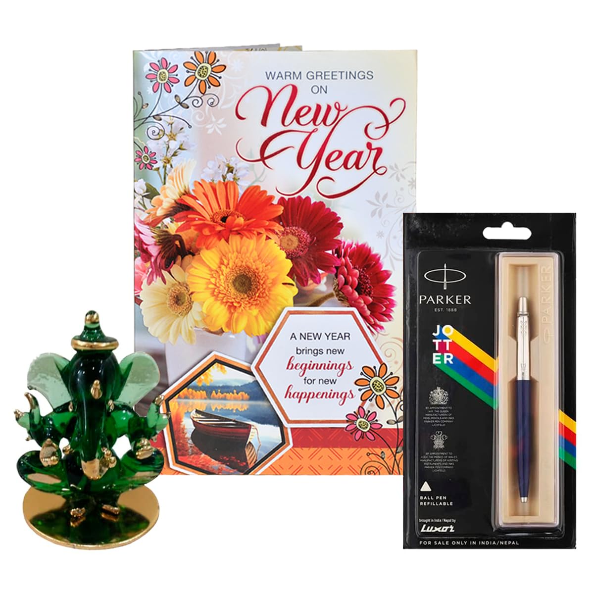 Saugat Traders New Year Gift for Client - Crystal Ganesha Showpiece, Branded Pen and Greeting Card - Corporate Gift