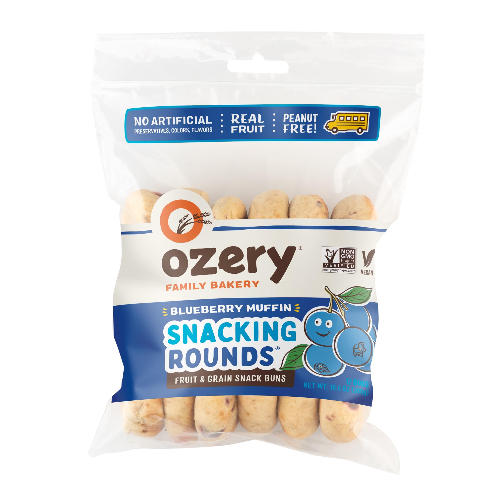 Ozery Bakery Blueberry Muffin Snacking Rounds, Allergen Free, Vegan, Made with Real Fruit, Snack Buns, 12 Buns Per Bag, Pack of 6