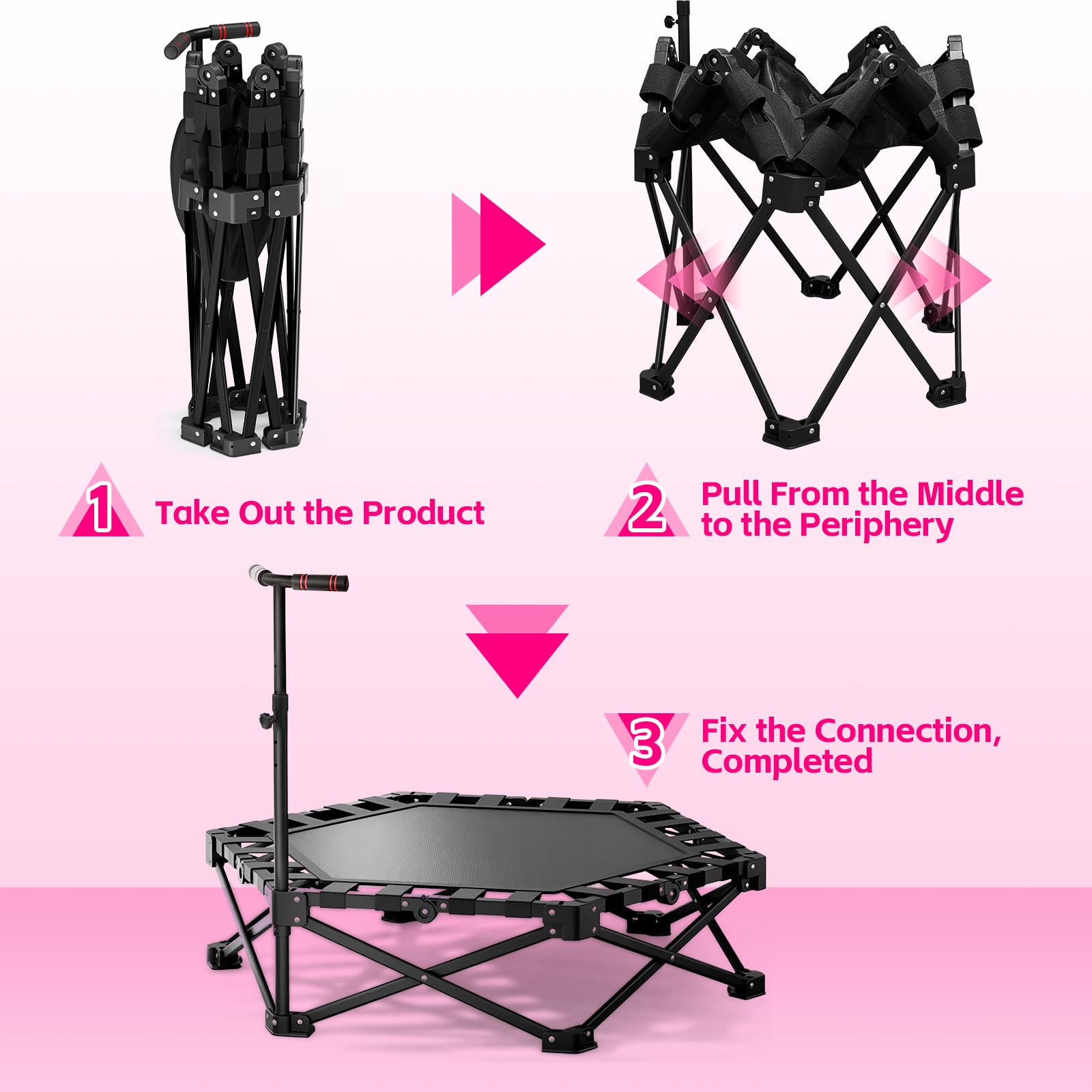 Trampoline d'intérieur pliable avec poignée réglable pour saut de fitness, facile à organiser et à ranger, aucune installation nécessaire, capacité de charge 200 kg