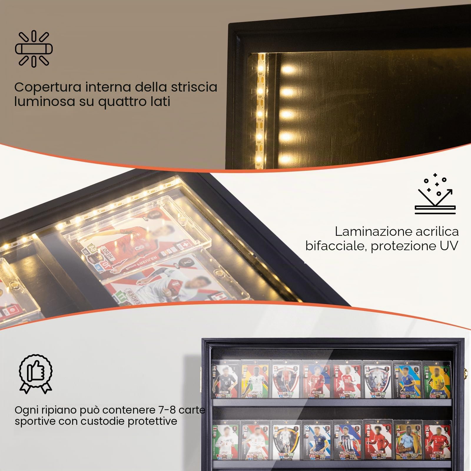 Espositore per 35 carte sportive in legno con luci LED, protezione UV, armadietto da parete in acrilico, per carte collezionabili di calcio e basket (nero)