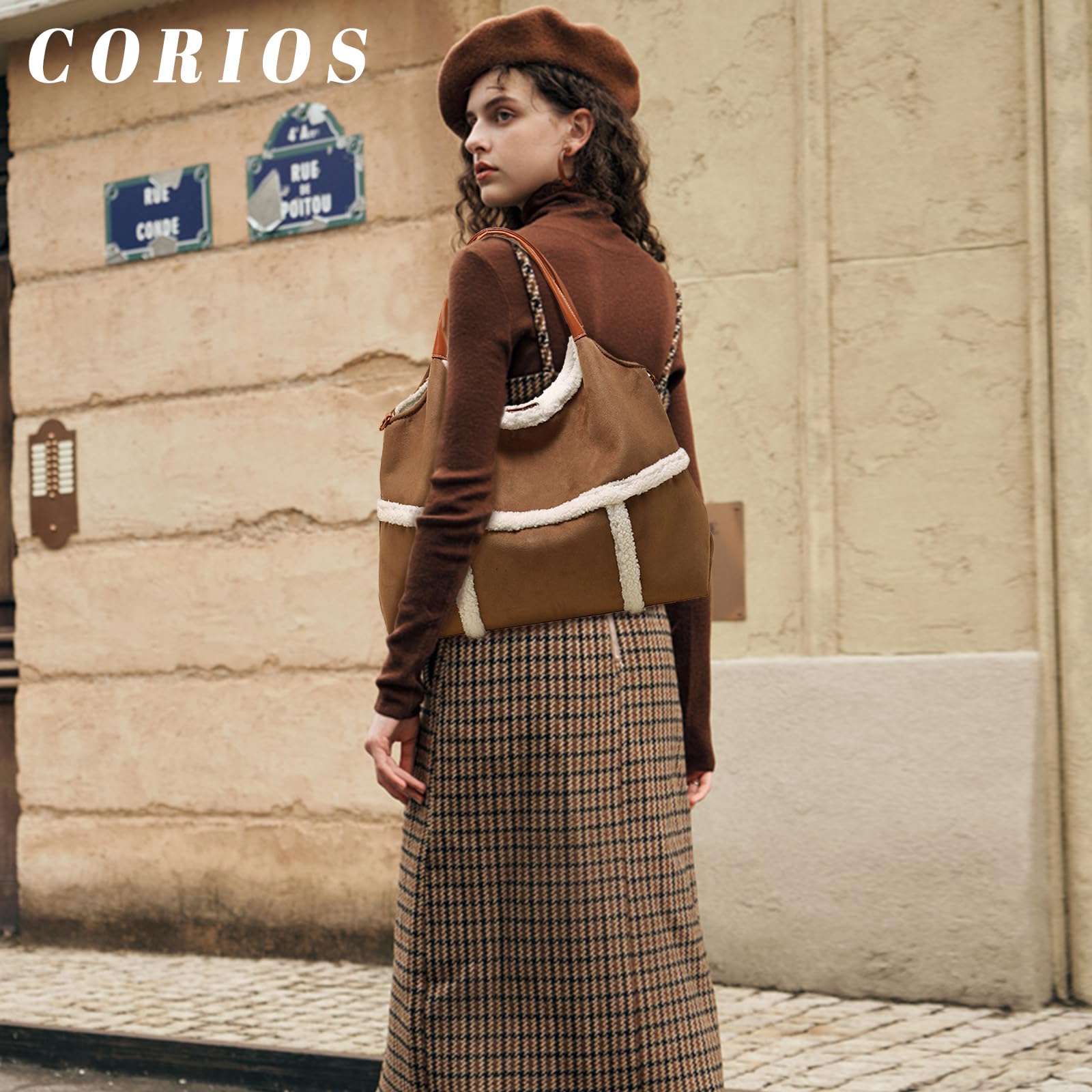 CORIOS Borsa a Mano in Lana di Agnello da Donna, Spalla in Pelle Scamosciata Grande, Tracolla Morbido Peluche, Tote Retro Messenger 2 Pezzi Marrone