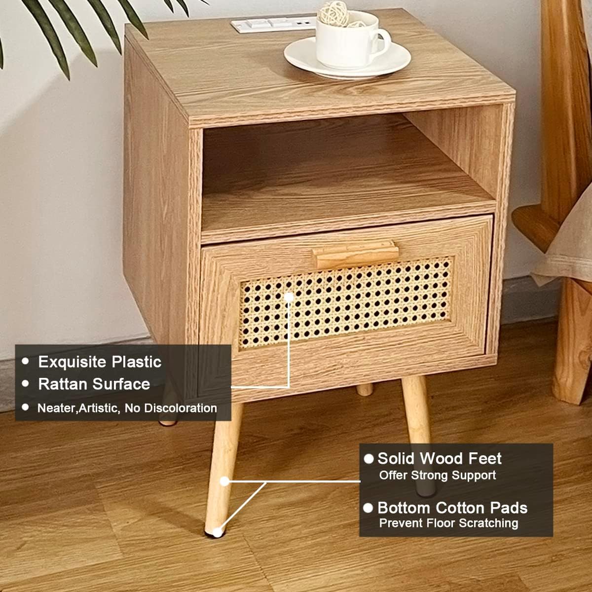 RANK Nightstands Side Table Rattan Nightstand with Drawer Storage for Living Room, Bedroom image 5