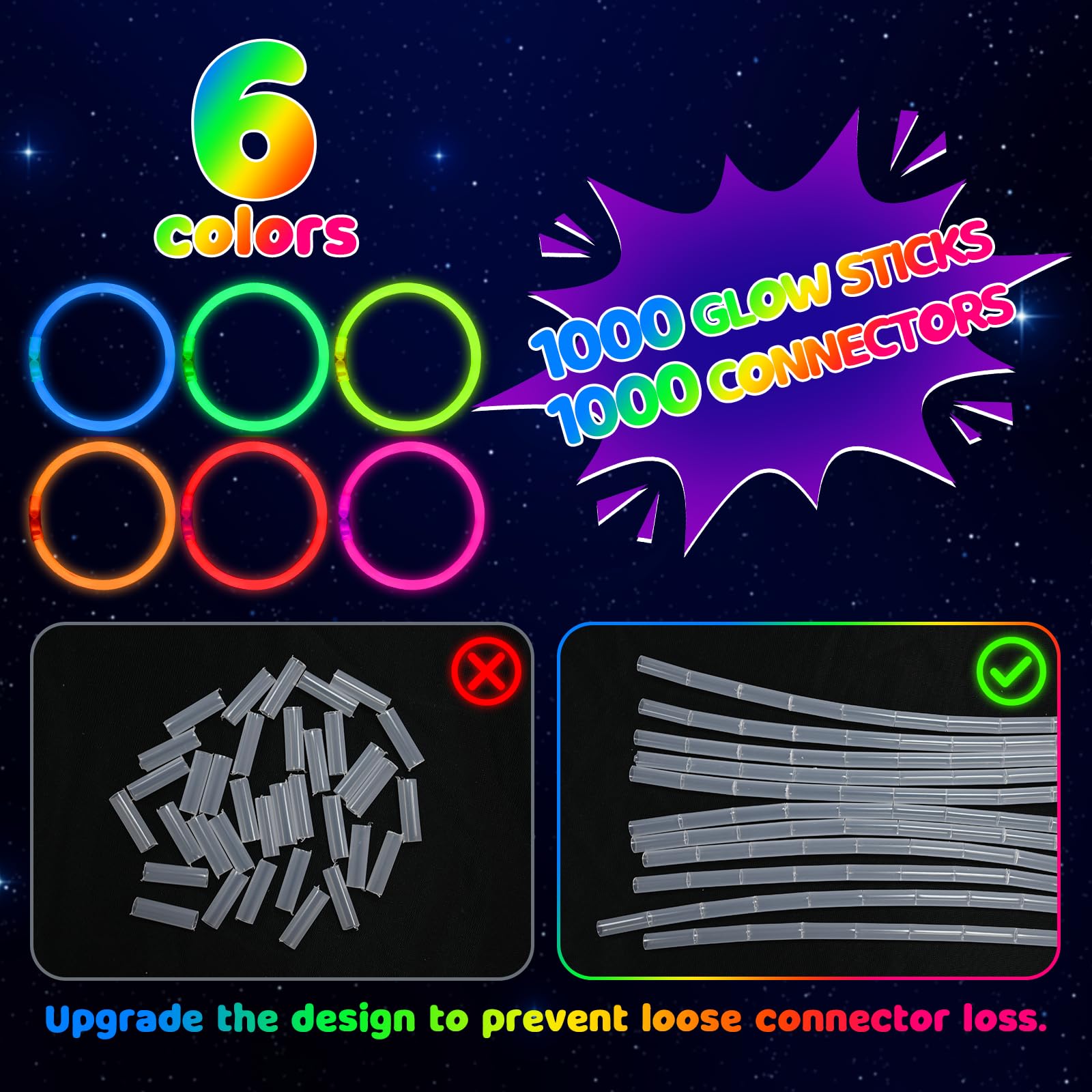 Mega-L - Suministros de fiesta que brillan en la oscuridad, 1000 varillas brillantes de 8 pulgadas a granel, recuerdos de fiesta con pulseras y collares, palos de luz, recuerdos de fiesta a granel