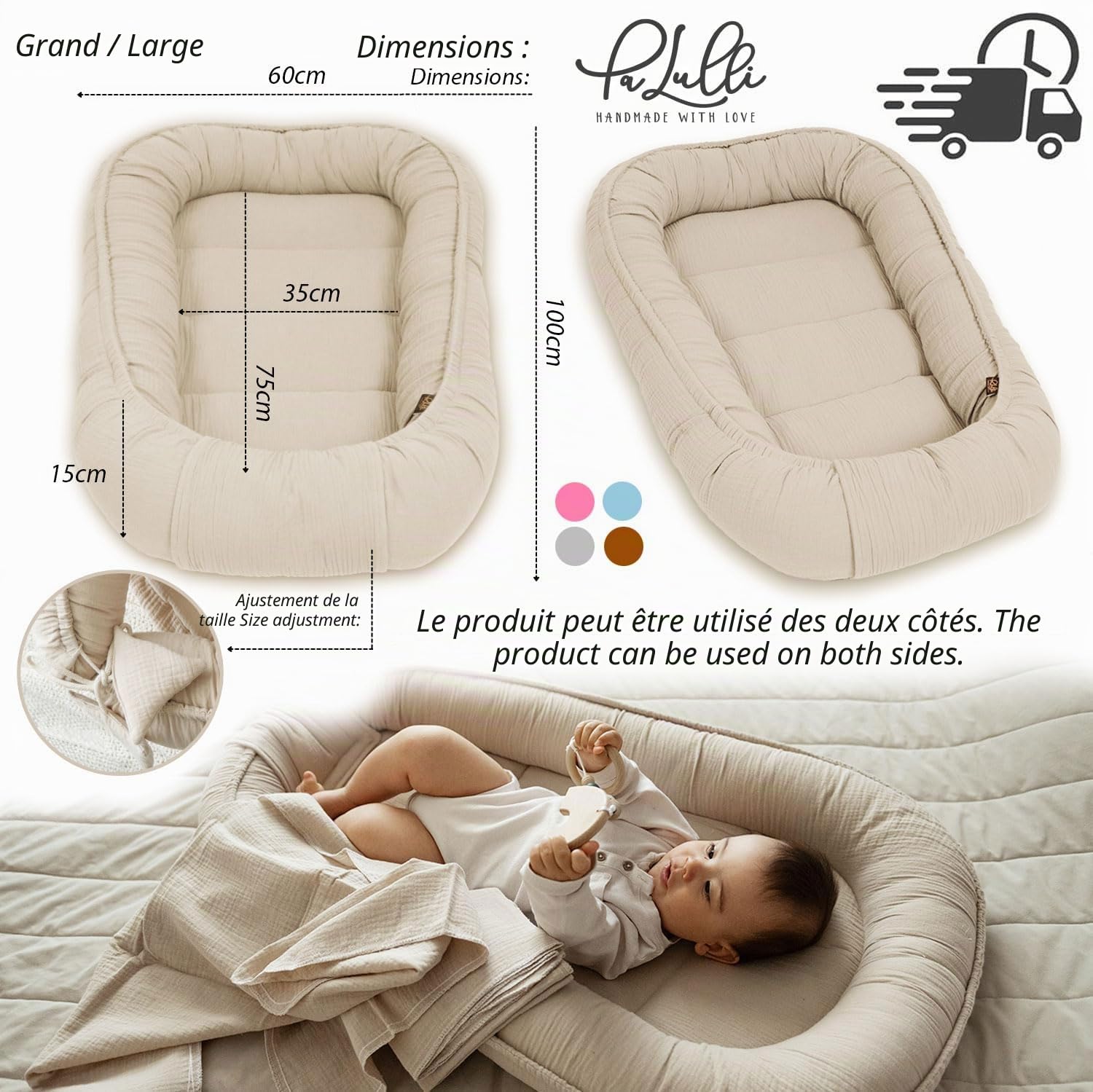 PaLulli® Ensemble 2 en 1 - Nid d'ange et nid d'ange pour bébé - 100% Mousseline - Tour de lit pour bébé garçon et Fille (Beige)