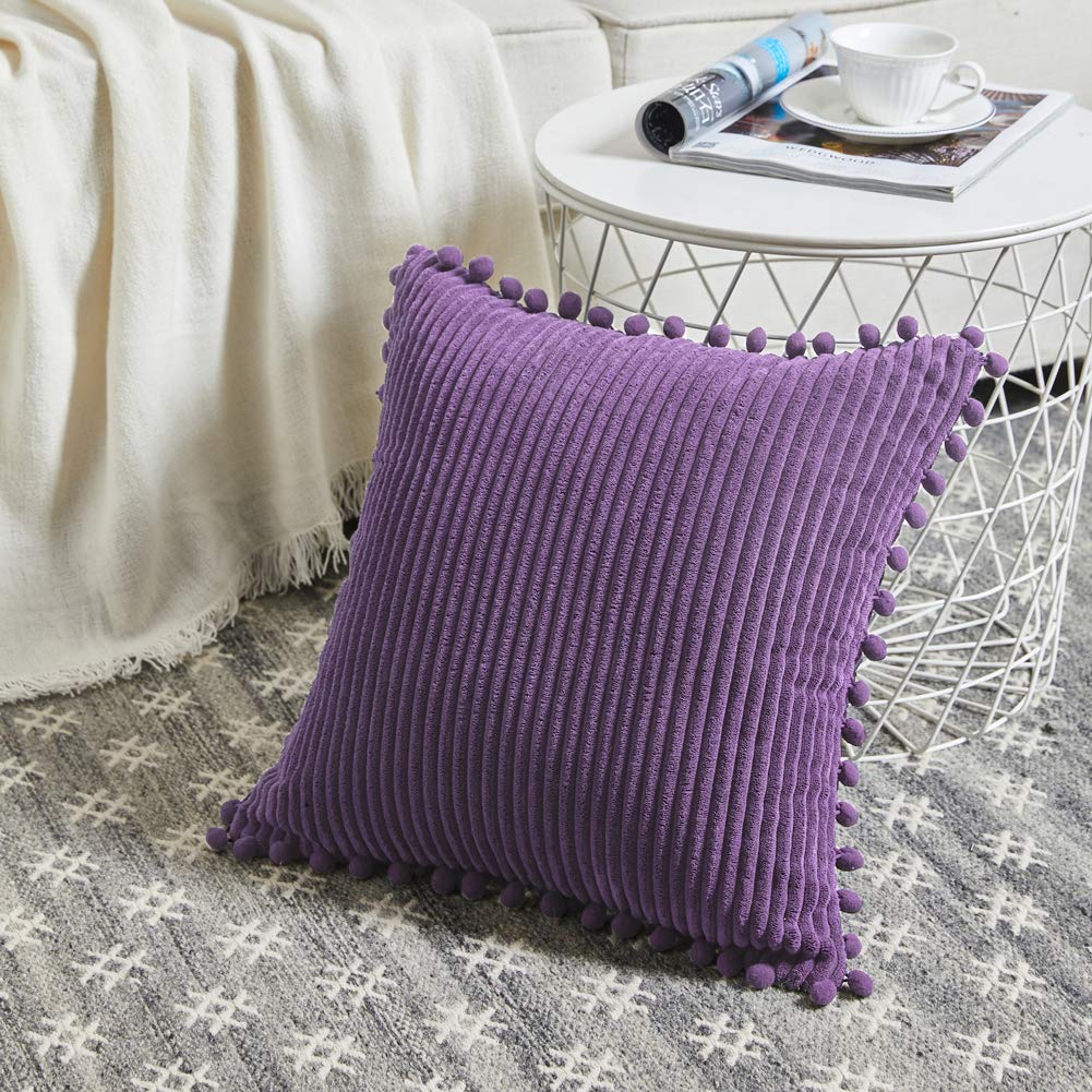 Fancy Homi Corduroy Soft Decorative Throw Pillow Covers with Pom-poms, Solid Square Cushion Case Pillow Cases Set for Couch Sofa Bedroom Car Living Room (22"x22", Purple)