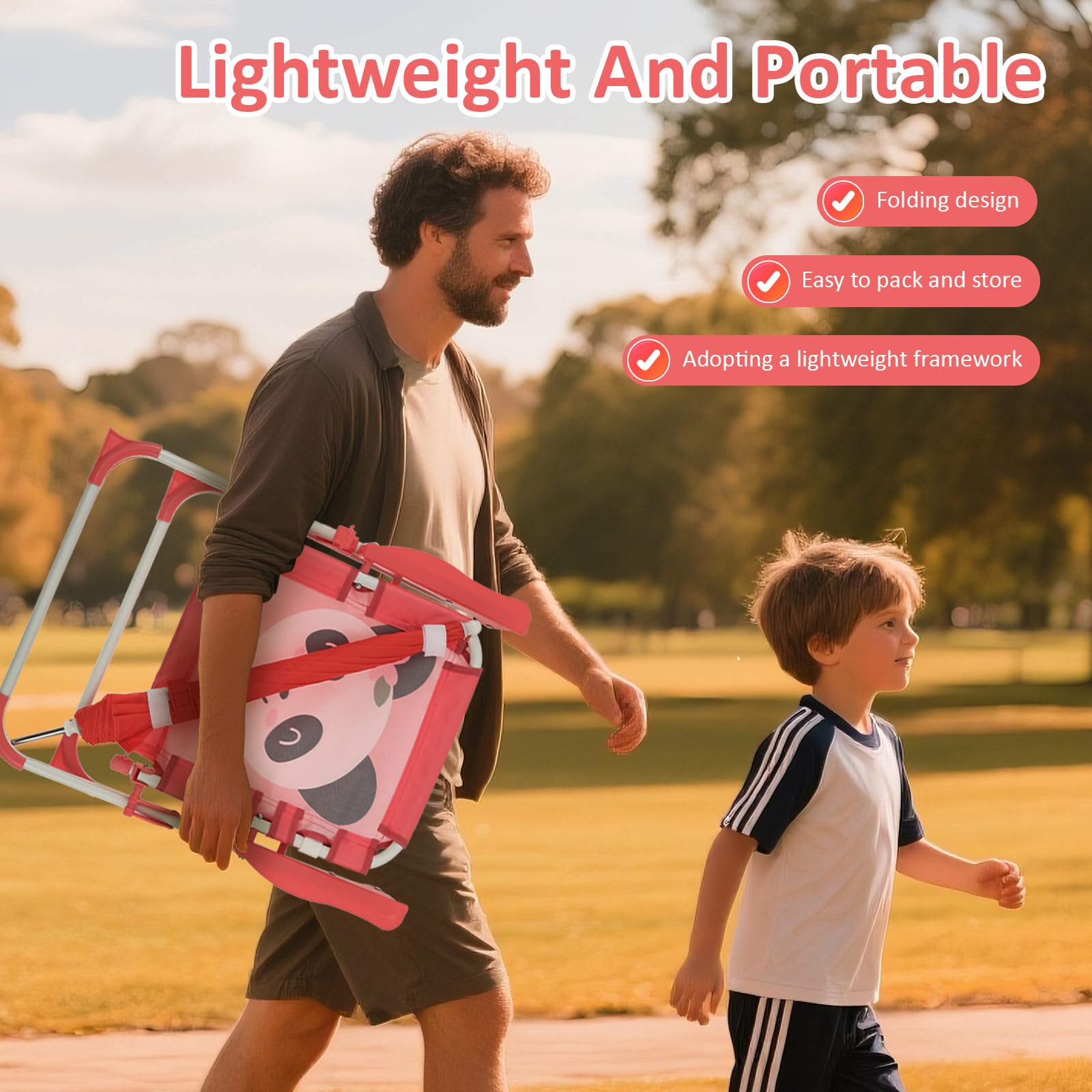 Sedia pieghevole per bambini, con ombrello, simpatico, animale, pieghevole, parasol, per bambini, da campeggio, con ombrellone, leggera, per parco, giardino, viaggi, esterni, patio (rosa)
