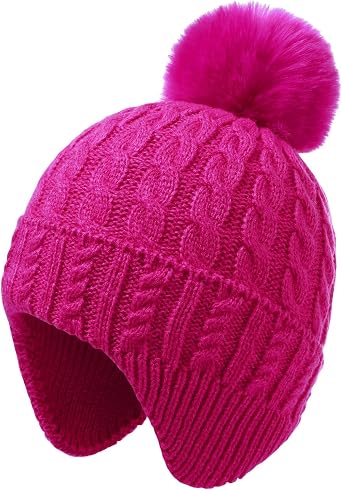 Toddler Baby Winter Hat with Earflap Kids Warm Twisted Knit Hat Infant Pom Pom Beanie Ski Cap for Baby Girls Boys