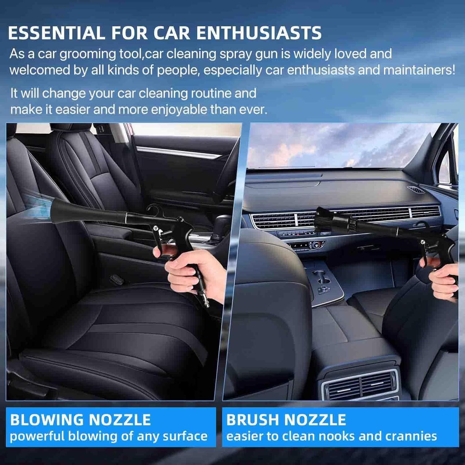 Car Cleaning Gun,High Pressure Air Blow Gun,Fast Interior Dryer Car Detailing Kit,Car Detailing Tools for Quickly Blowing Dust and Dirt Away Working with Compressed Air(2 MORE REPLACEMENT BRUSH HEADS)