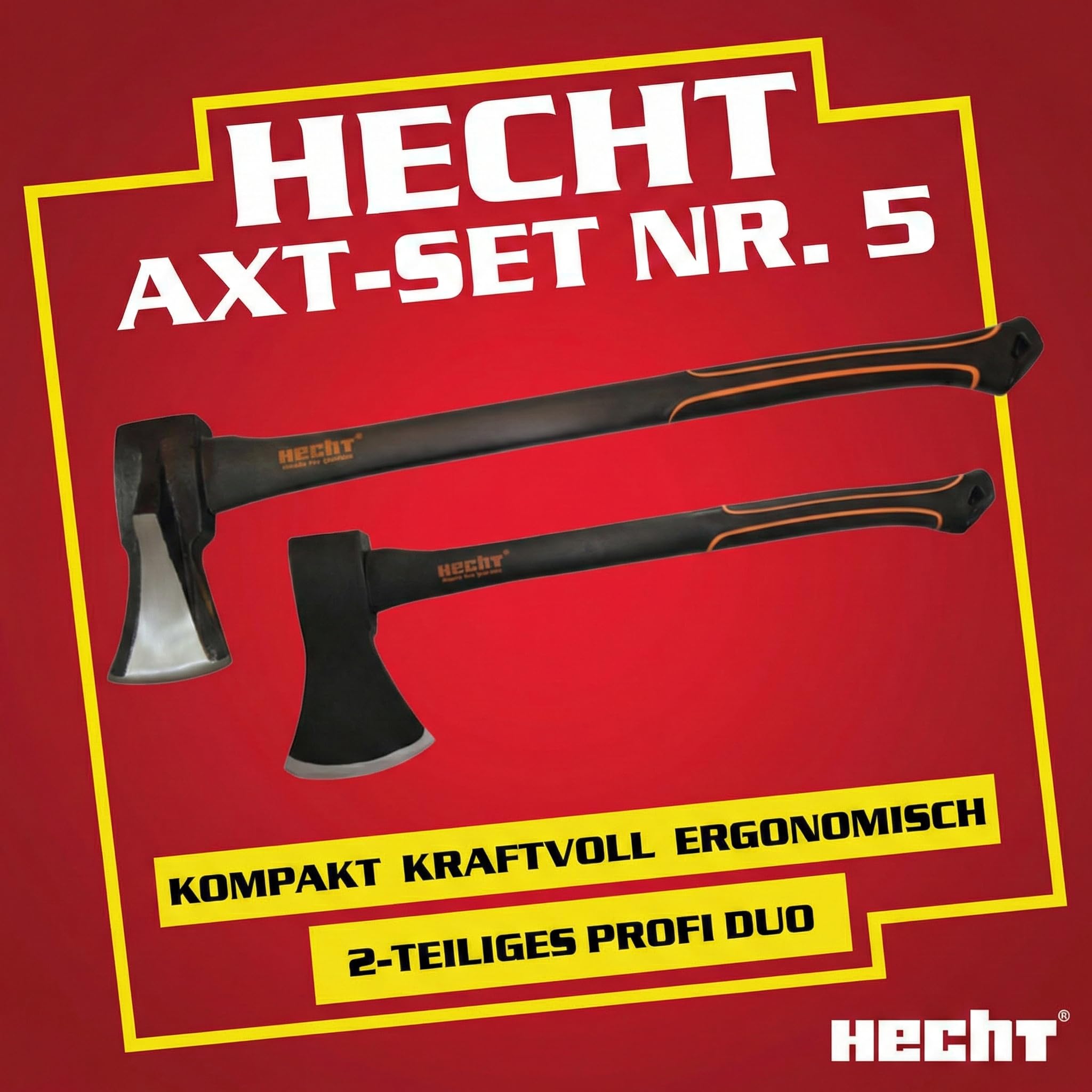 HECHT Axt Set 2-teilig 55 cm 1500 g und 63 cm 2000 g | Universalaxt und Spaltaxt mit Fiberglas-Stiel, Holzbeil und Spaltbeil zum Holzspalten, für Forst, Outdoor und Camping