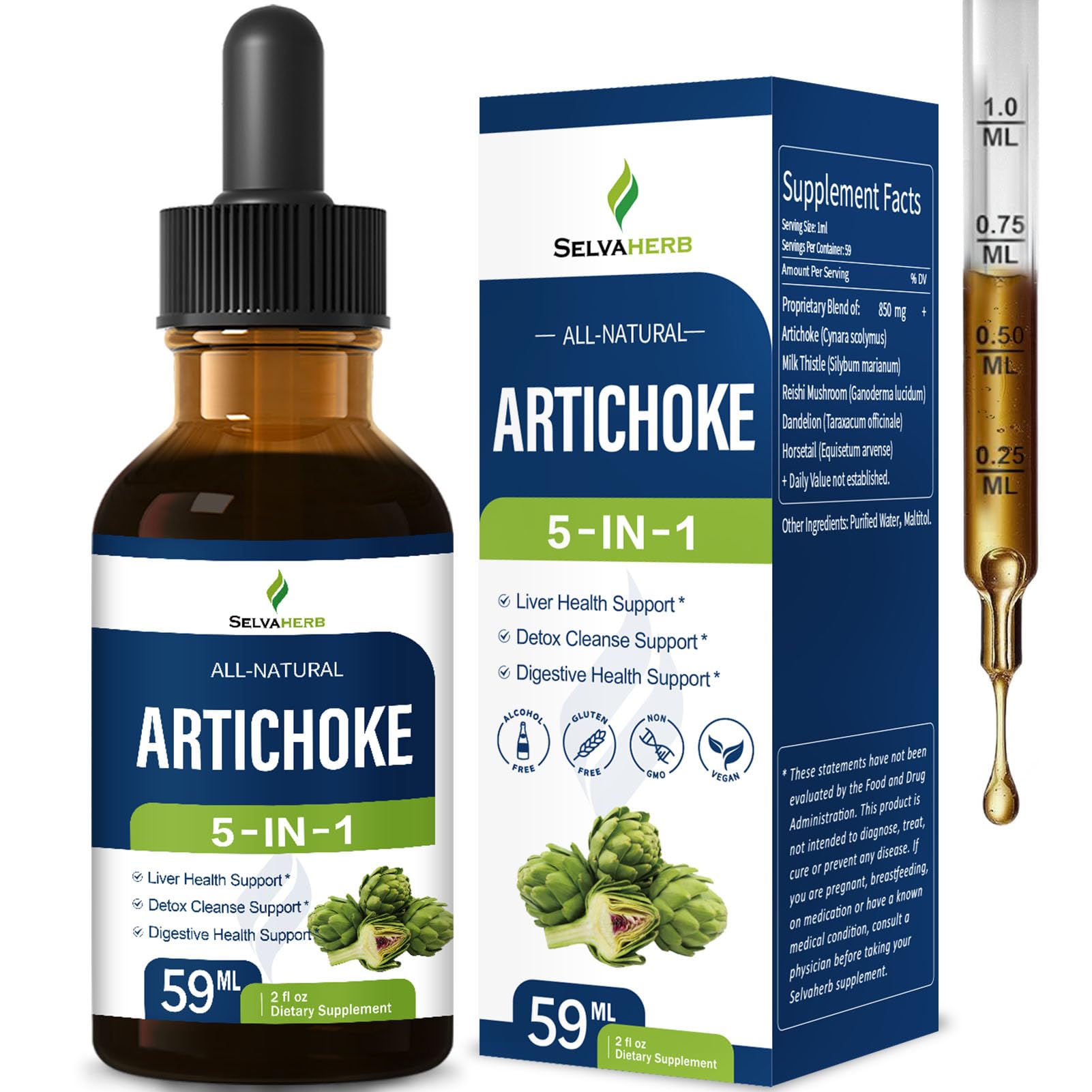 Artichoke Leaf Extract Drops for Liver Detox Cleanse & Repair, Milk Thistle 5-in-1 Natural Herbal Formula, Liver Health Support Supplment w/Dandelion Horsetail, High Absorbtion. 2oz