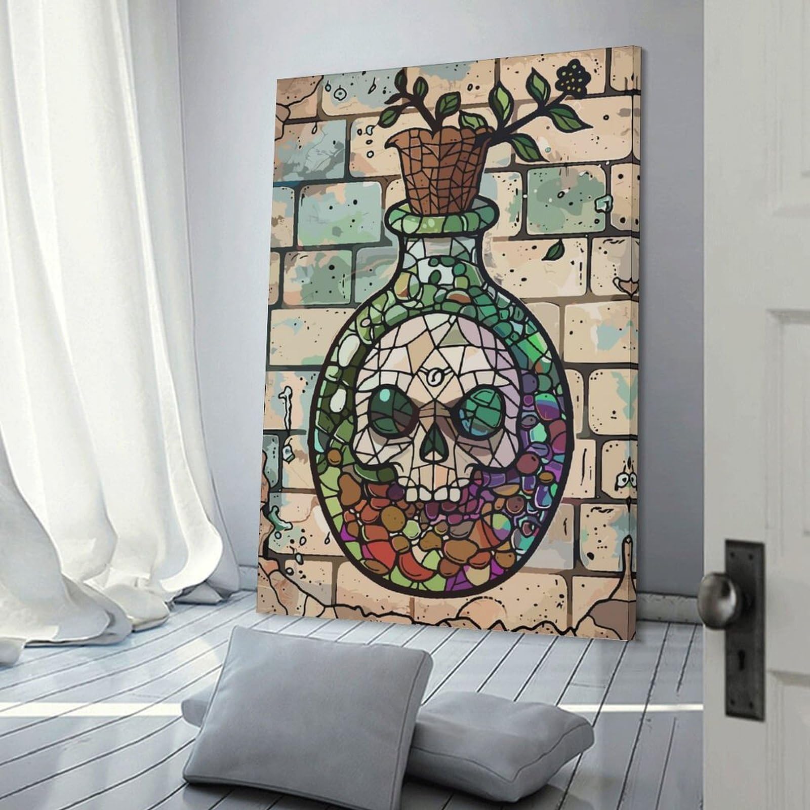 Junmoney Canvas Wall Decor Stained Glass Skull Potion Bottle, 20x30inch(50x75cm), for Restful Interiors, Bedrooms Or Small Rooms, Canvas Wall Decor for Personal Spaces