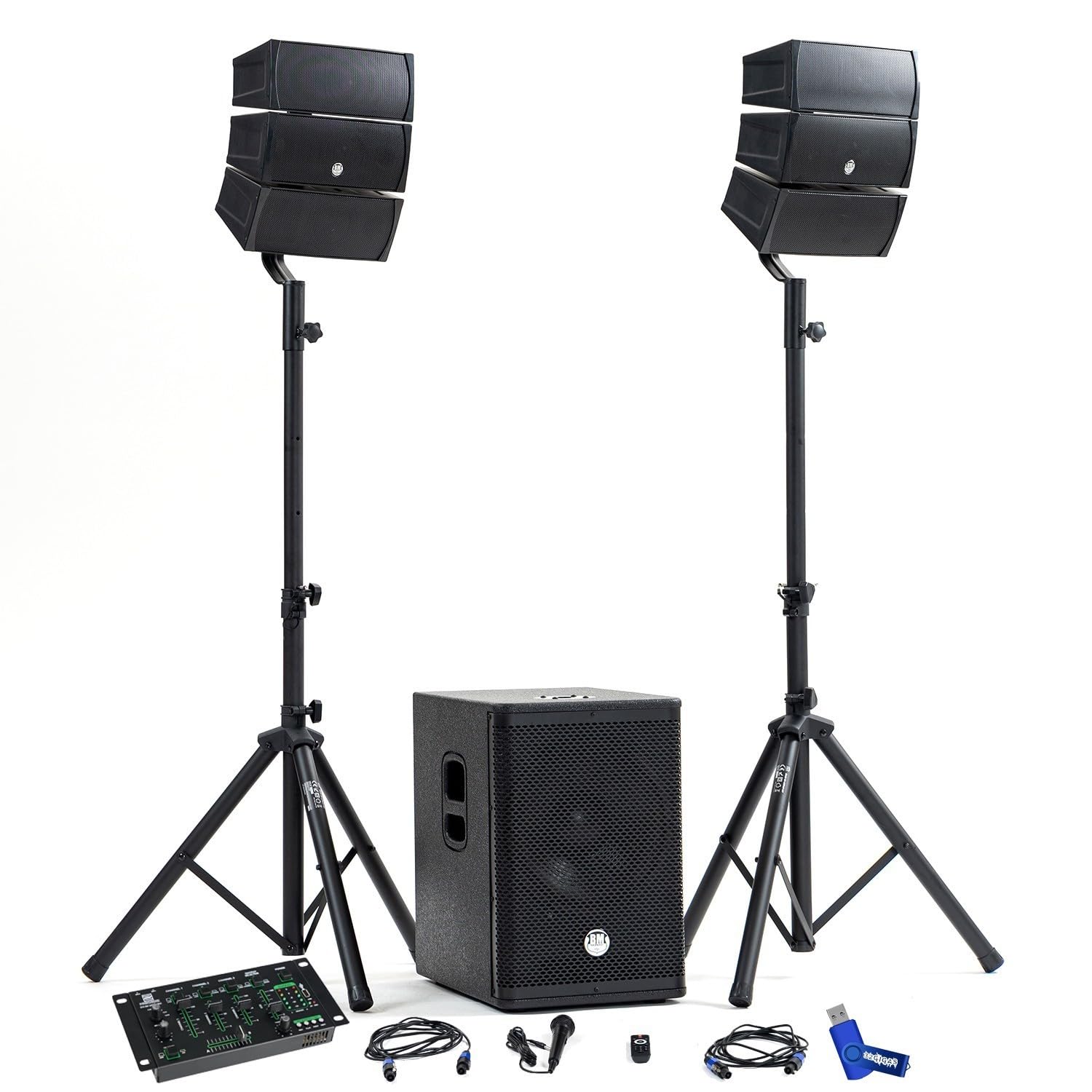 Pack Sonorisation DJ Complet BMBmsonic BMS-12-ARRAY-BT 1000W, Enceintes Satellites, Caisson de Barre USB/Bluetooth +Clé USB 32 Go