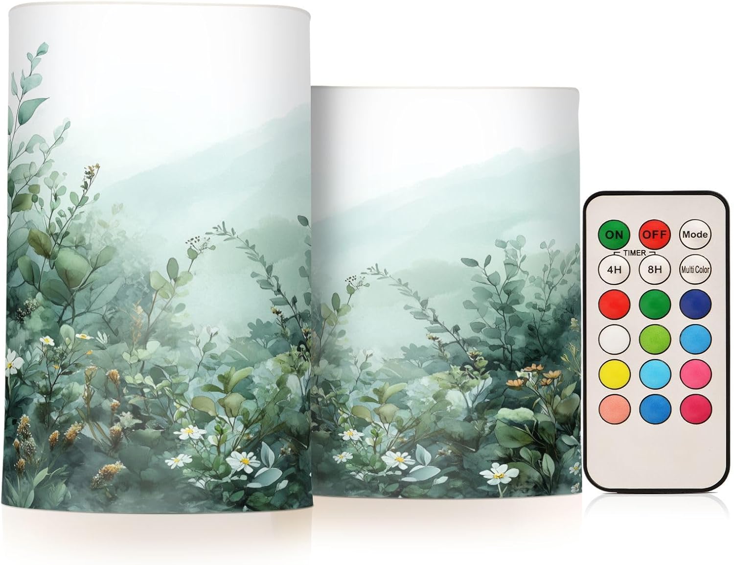 Watercolor Greenery Wildflowers Flameless Candles Battery Operated Color Changing LED Candles with Remote Control Timer Outdoor Indoor 2 Pack