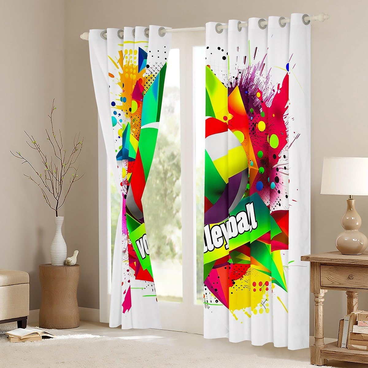 Volleyball Kids Blackout Curtains,Ball Sports Games Competition Fashion Window Drapes for Boys Girls Adults,Geometric Dots Graffiti Colorful Window Treatments Grommet Top 2 Panel Set,38Wx45L inch