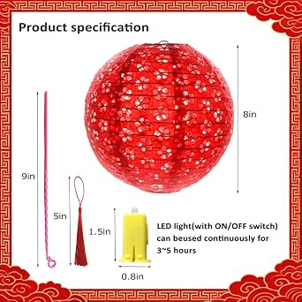 12Pcs Chinese New Year Decorations 2026 Chinese Japanese Paper Lanterns with LED Lights Tassels Sticks 20cm Hanging Lantern for Lunar New Year Spring Festival Home Restaurant Asian Decoration(Round)