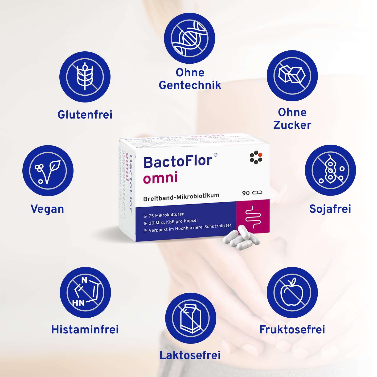 BactoFlor® omni - Probiotika mit 75 Bakterienkulturen hochdosiert (90 Kapseln) - Für den Aufbau des Darms mit den wichtigsten Milchsäurebakterien - 2.700 Mrd. KBE je Packung - laktosefrei + glutenfrei