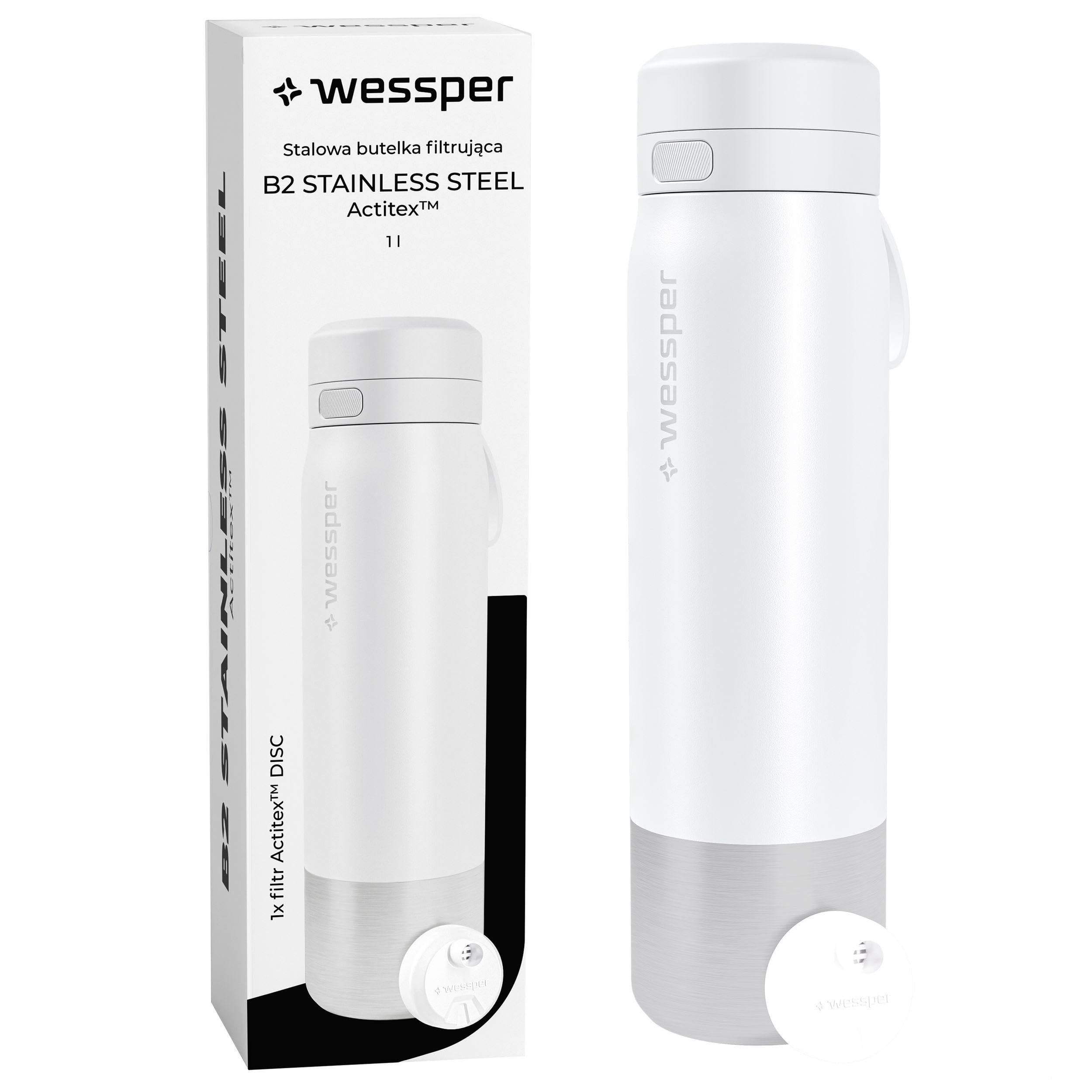Wessper Steel Water Bottle with Water Filter 1000 ml,BPA-free, Thermos Flask with Disc Water Filter, Drinking Bottle Ideal for Sports, Cycling, Fitness- White