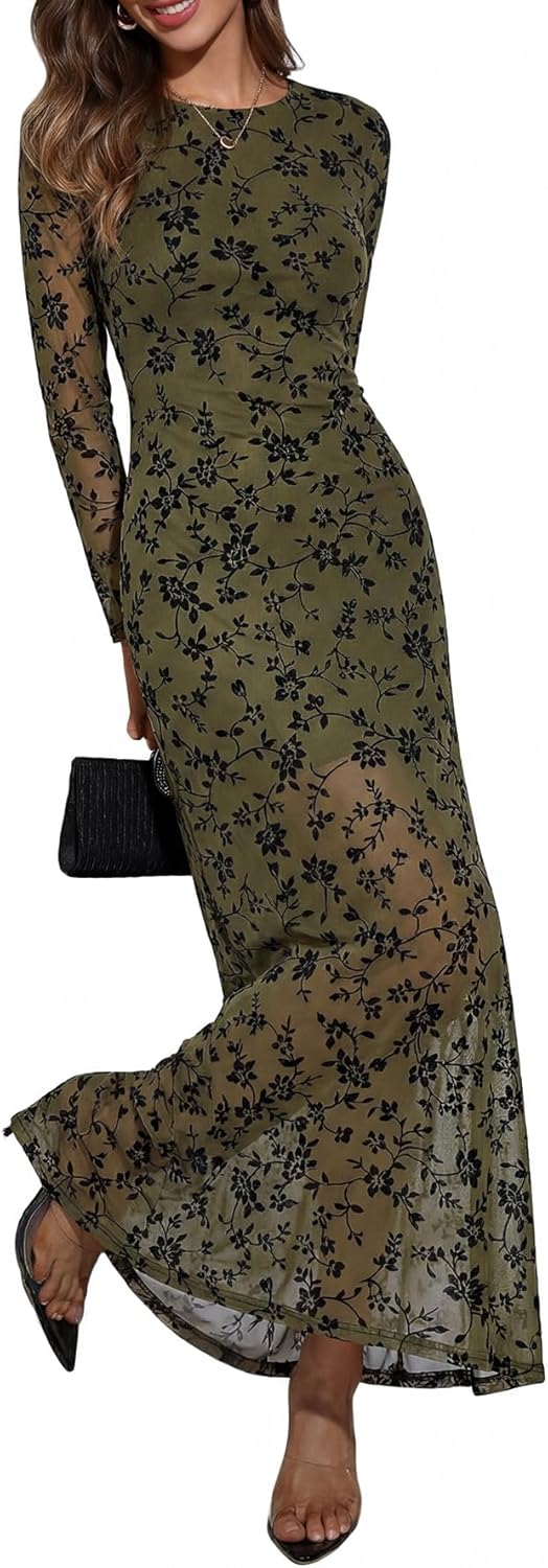 Verdusa Women's Floral Mesh Maxi Dresses Elegant Formal Long Sleeve Spring Wedding Guest Dress Cocktail