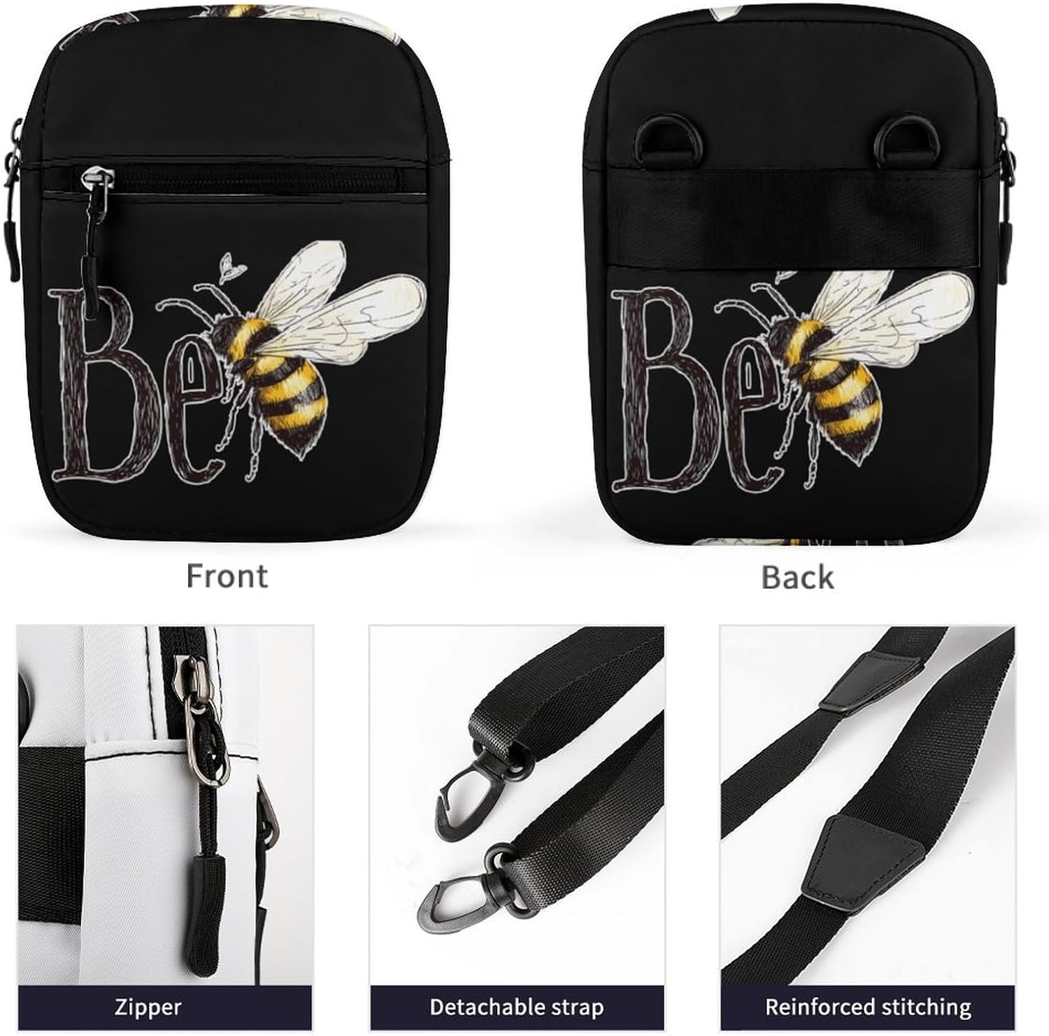 Hand-drawn Bee Small Crossbody Bag Sling Shoulder Satchel | for women men,work travel workout,detachable and adjustable shoulder strap