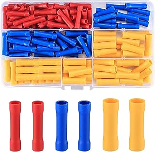 150 Pcs Electrical Butt Connectors Kit, Butt Splice Crimp Wire Connectors, Assorted Insulated Electrical Straight Wire Terminal Connectors, Automotive Wire Crimp Terminals, Blue/Red/Yellow