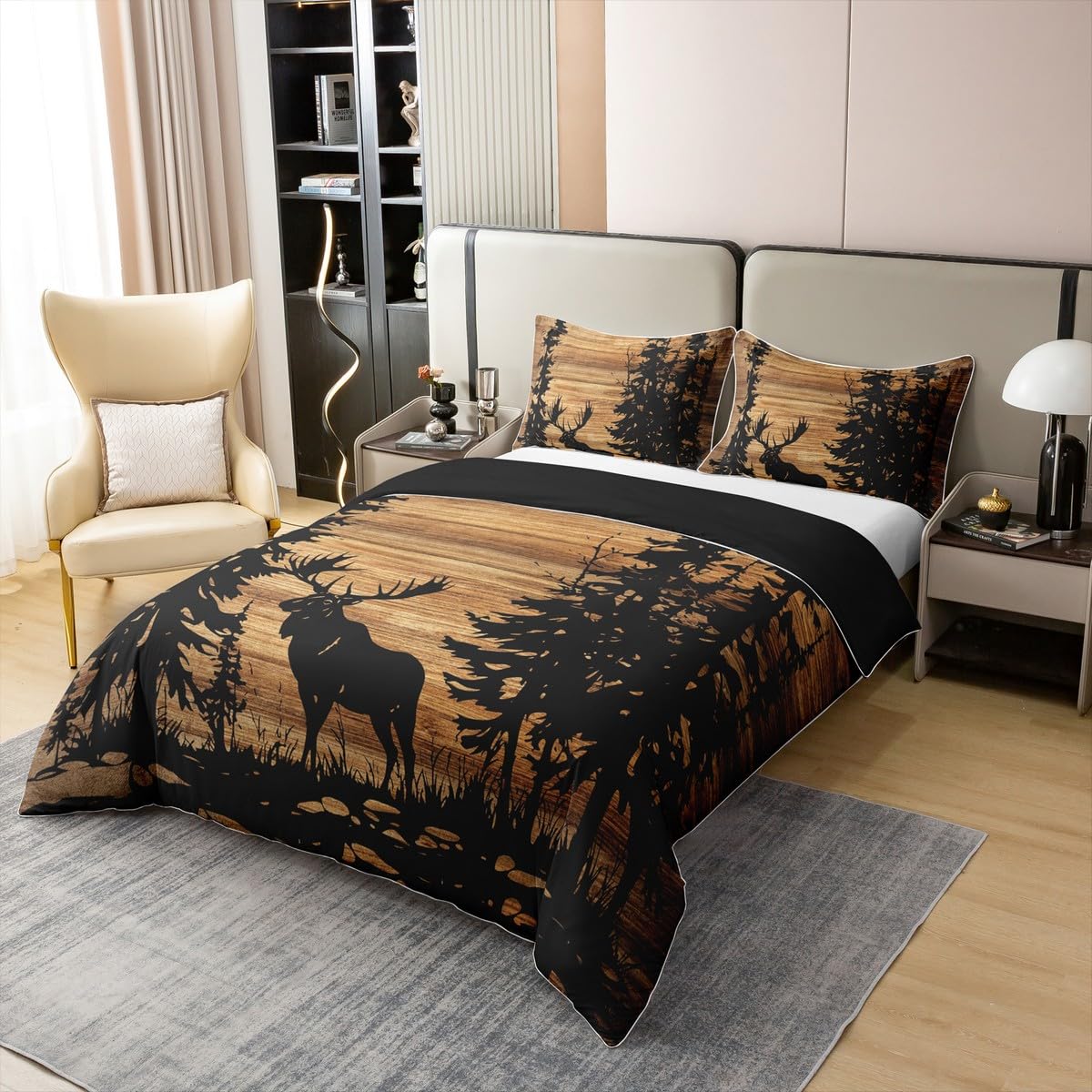 Loussiesd Elch 100% Baumwolle Bettwäsche Set 135x200cm Rustikale Kabine Land Betten für Kinder Mädchen Jungs Vintage Braun Holz Bettbezug Bettwäsche-Set Zimmer Dekorationen