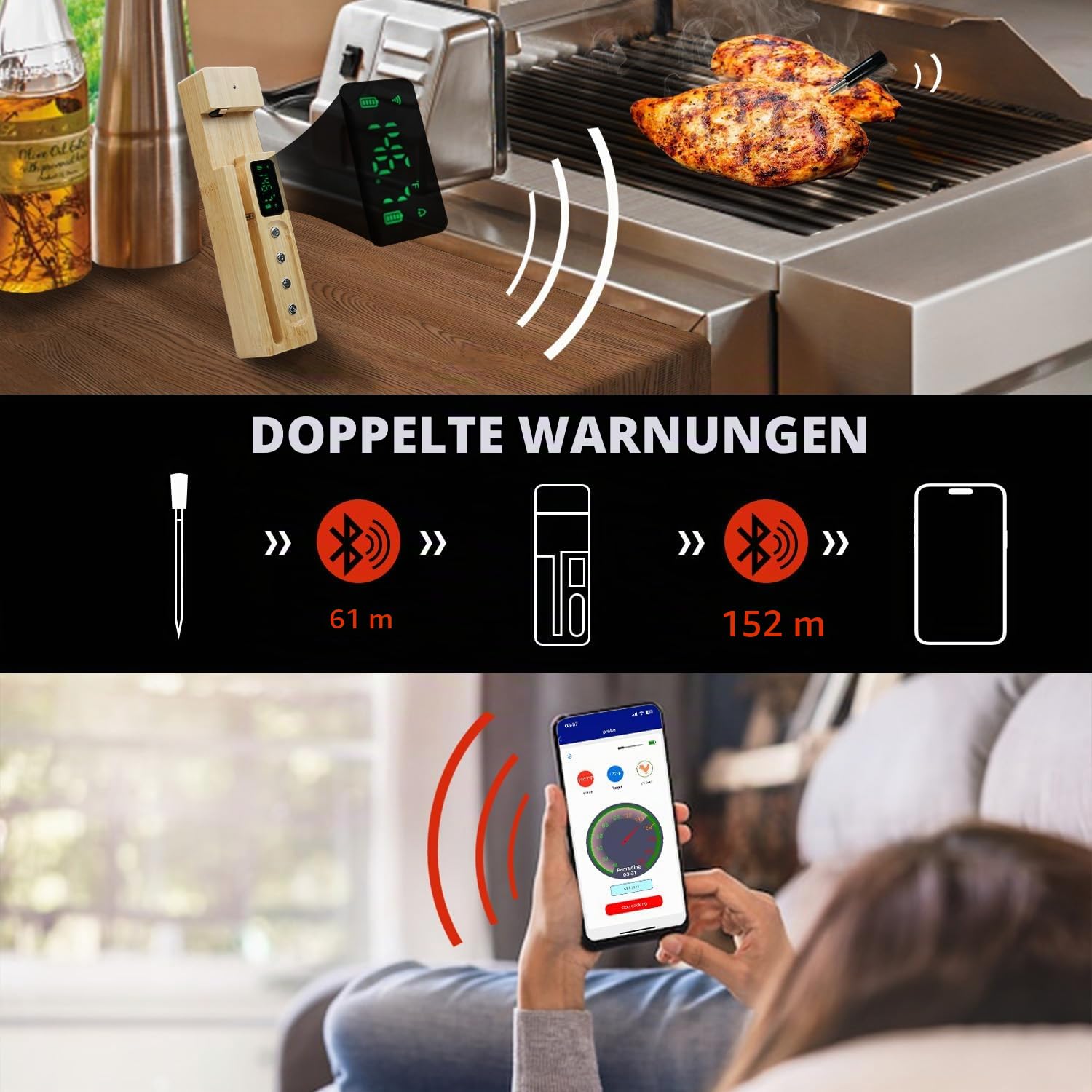 Präzises Bluetooth-Meatthermometer – Kabellos, wasserdicht (IP68) & mit App-Steuerung für perfektes Grillen und Braten